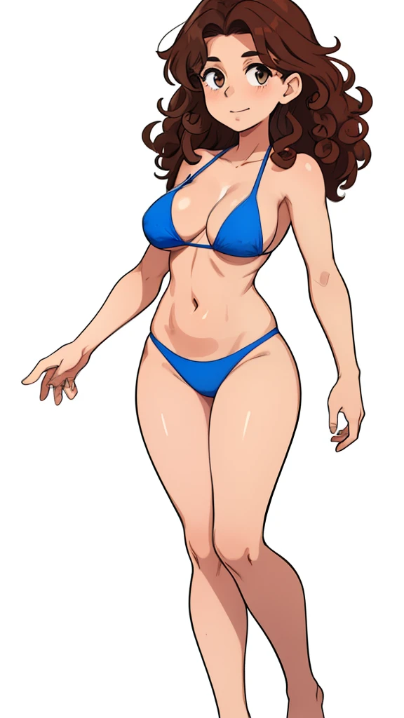 1girl, blue bikini, mature woman, brown hair, curly hair, hair down, hazel eyes, white background, full body
