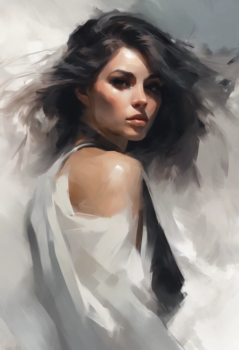 Painting of a woman with long hair and a white shirt - SeaArt AI