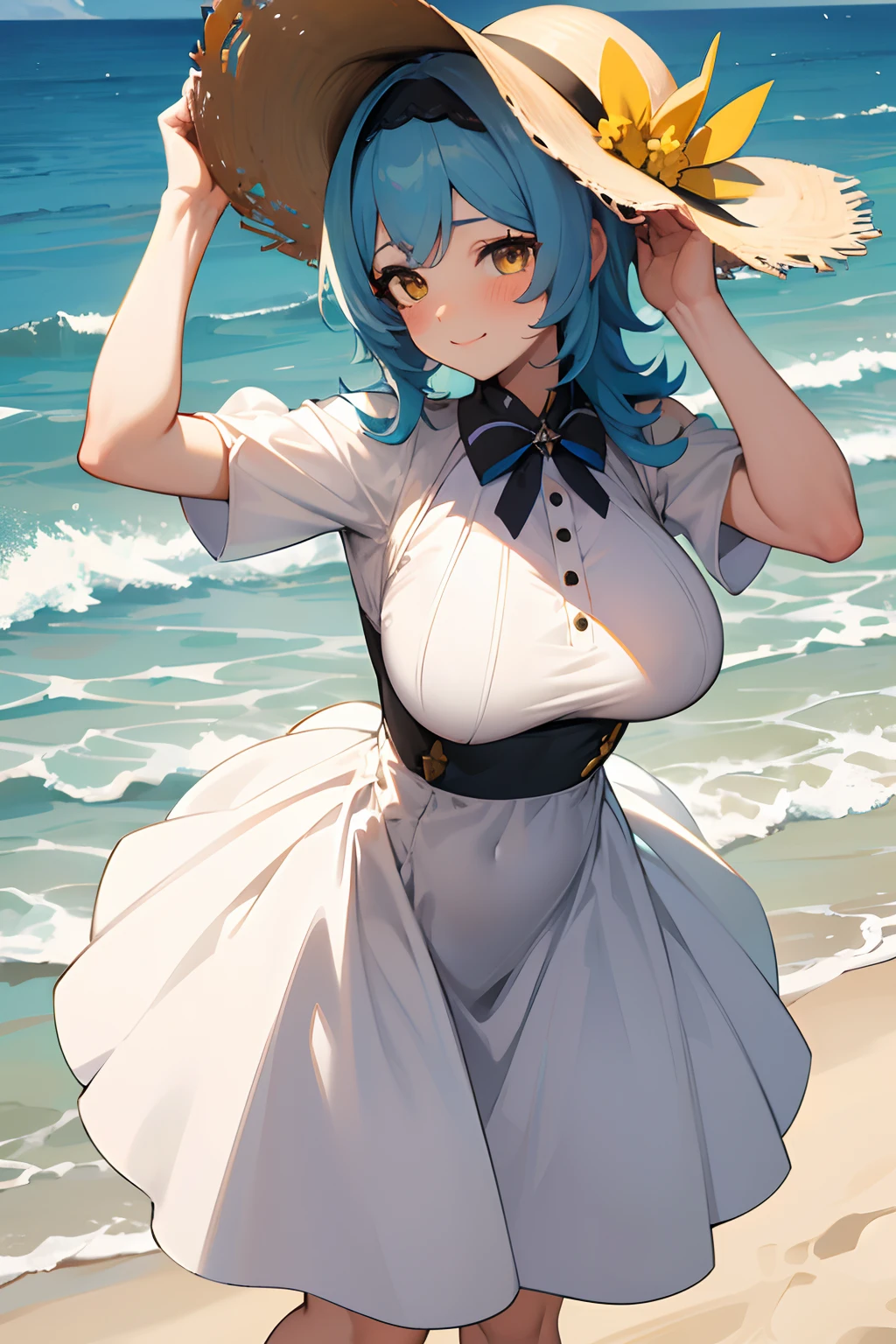 SFW, masterpiece, standing (woman 1), (((cute pose)), (white long dress), yellow eyes,  pouder blue hair, cute smile, (beach), wind, blush, hay hat, thicc, ((milf))