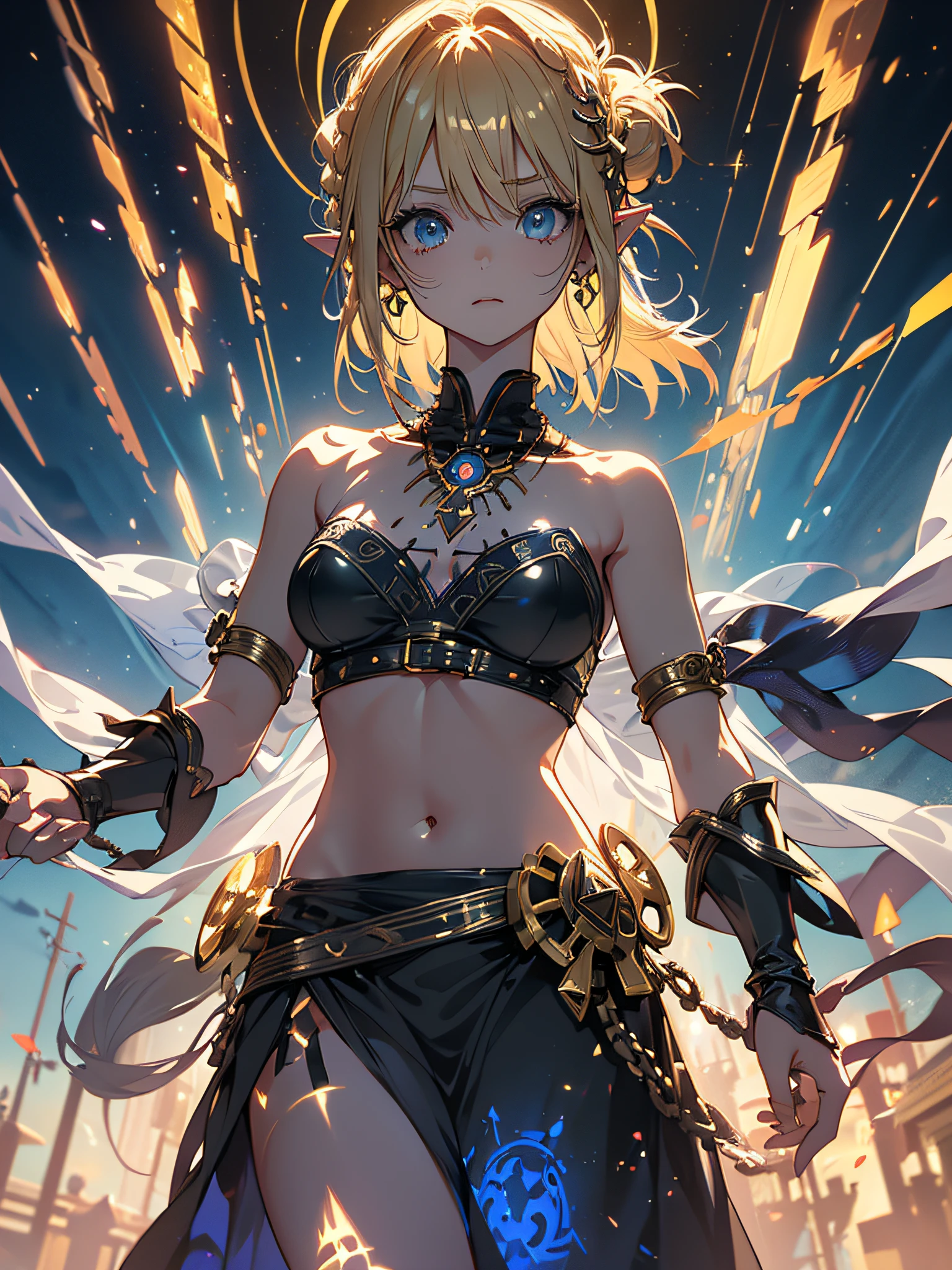 Girl wearing Majoras Mask, light blonde hair with side braids, medium breasts, symbols on hands, emanating a sinister aura, full body, (ultra-realistic), {extremely detailed 8k CG unit wallpaper}, landscape photography expansive, (a view from below focusing on the model and the sky above), (wide open field view), (high angle shot), (high light: 1.6), (low light: 1.2), (light source Warm: 1.8), Intricate Details, (Iridescent Colors: 1.5), (Bright Lighting), (Atmospheric Lighting), Dreamy, Magical, Majoras, Mask, The Legend of Zelda, Stately