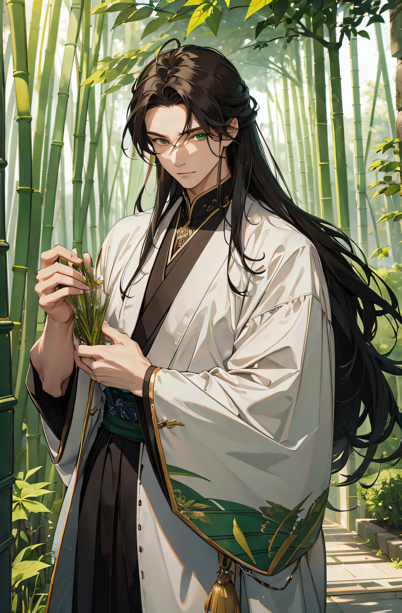 Meisterwerk, hyper HD，sehr detailliert, ((Ein Mann))，Perfektes Gesicht, grinsend，Japanisch Antiker Kleidungsstil，langes schwarzes Haar，green eyes，langes, flowy hair，Goldene Haarnadel，stattlich，gentle，hoch, green and white dyed clothes，outside，Bambus-Hain，Blick auf den Betrachter