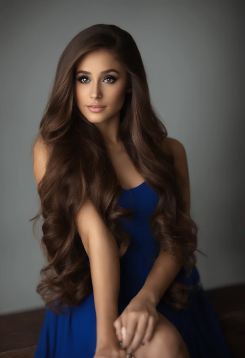 Araffed - hairy girl with brown hair and a blue dress, Ariana Grande, with brown hair, She has brown hair, brown-hair, She has long brown hair, She has long brown hair, Ariana Grande como Sith, with brown hair, brown-hair, mirando al frente