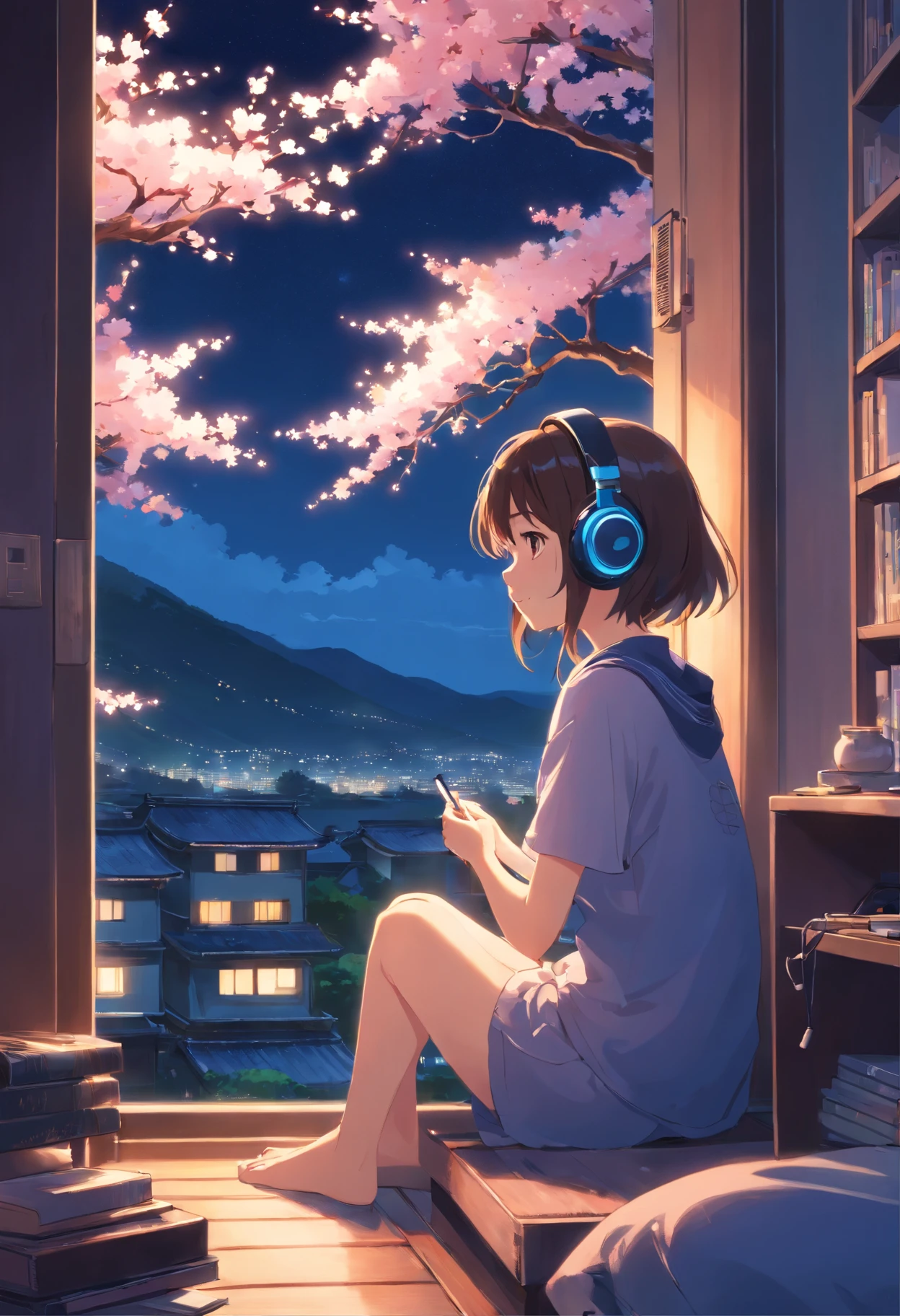 a young girl in her room sitting next to the window listening to music on her headphones, outside the window are cherry blossom trees under a starry night sky. Capture the beauty and serenity of this scene, with the blossoms softly lit by moonlight. japan