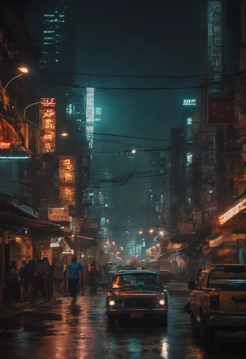 Illustration of a busy city street with people and cars, uma pintura digital inspirada em Liam Wong, trending in behance, arte conceitual, Arte de uma rua de Hong Kong, cartaz impresso de rua, detailed cyberpunk illustration, Estilo da cidade murada de Kowloon, Kowloon cyberpunk, chungking express paleta de cores, poster illustration, in a tropical and dystopic city, gta chinatown estilo de arte