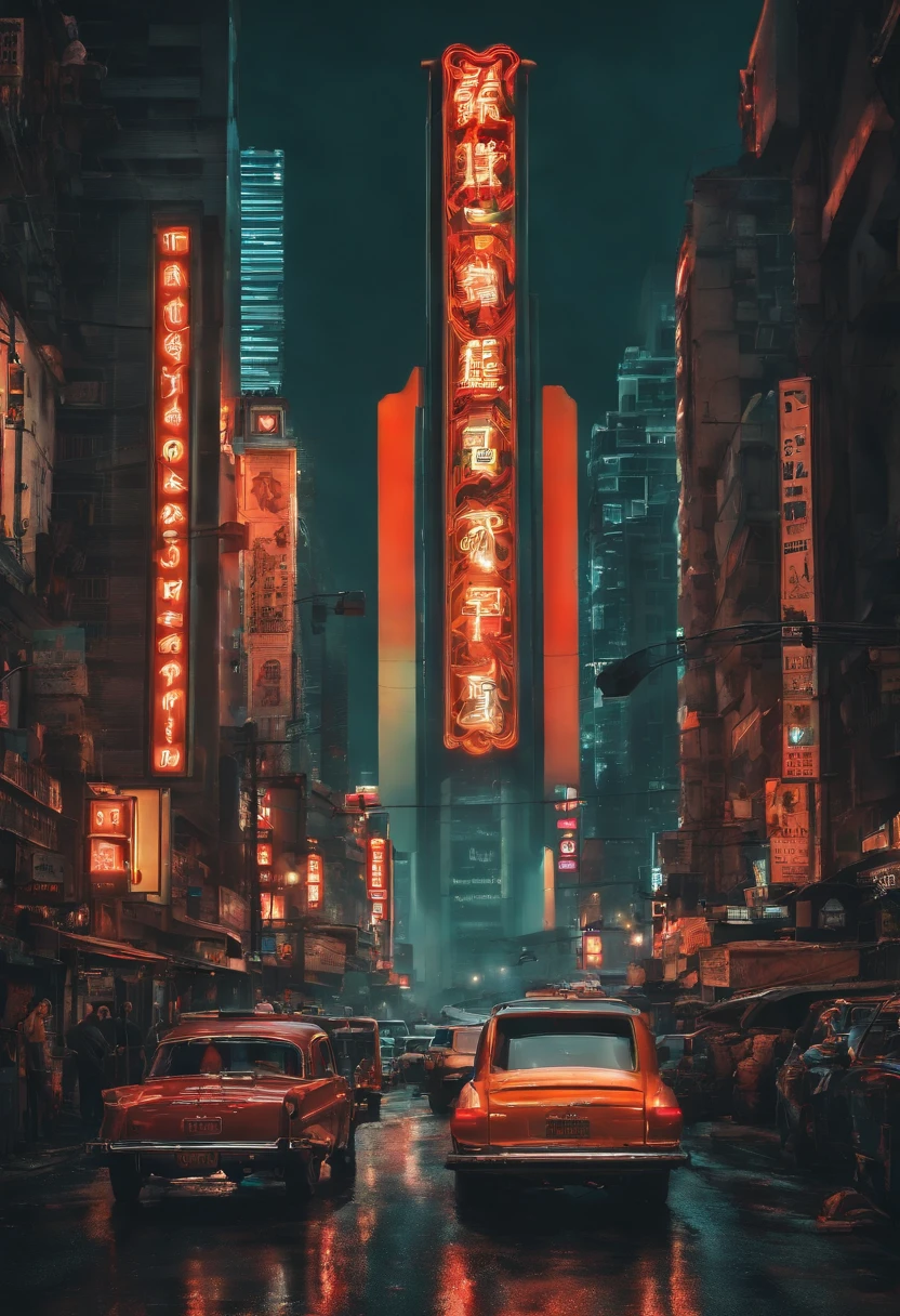 Illustration of a busy city street with people and cars, uma pintura digital inspirada em Liam Wong, trending in behance, arte conceitual, Arte de uma rua de Hong Kong, cartaz impresso de rua, detailed cyberpunk illustration, Estilo da cidade murada de Kowloon, Kowloon cyberpunk, chungking express paleta de cores, poster illustration, in a tropical and dystopic city, gta chinatown estilo de arte
