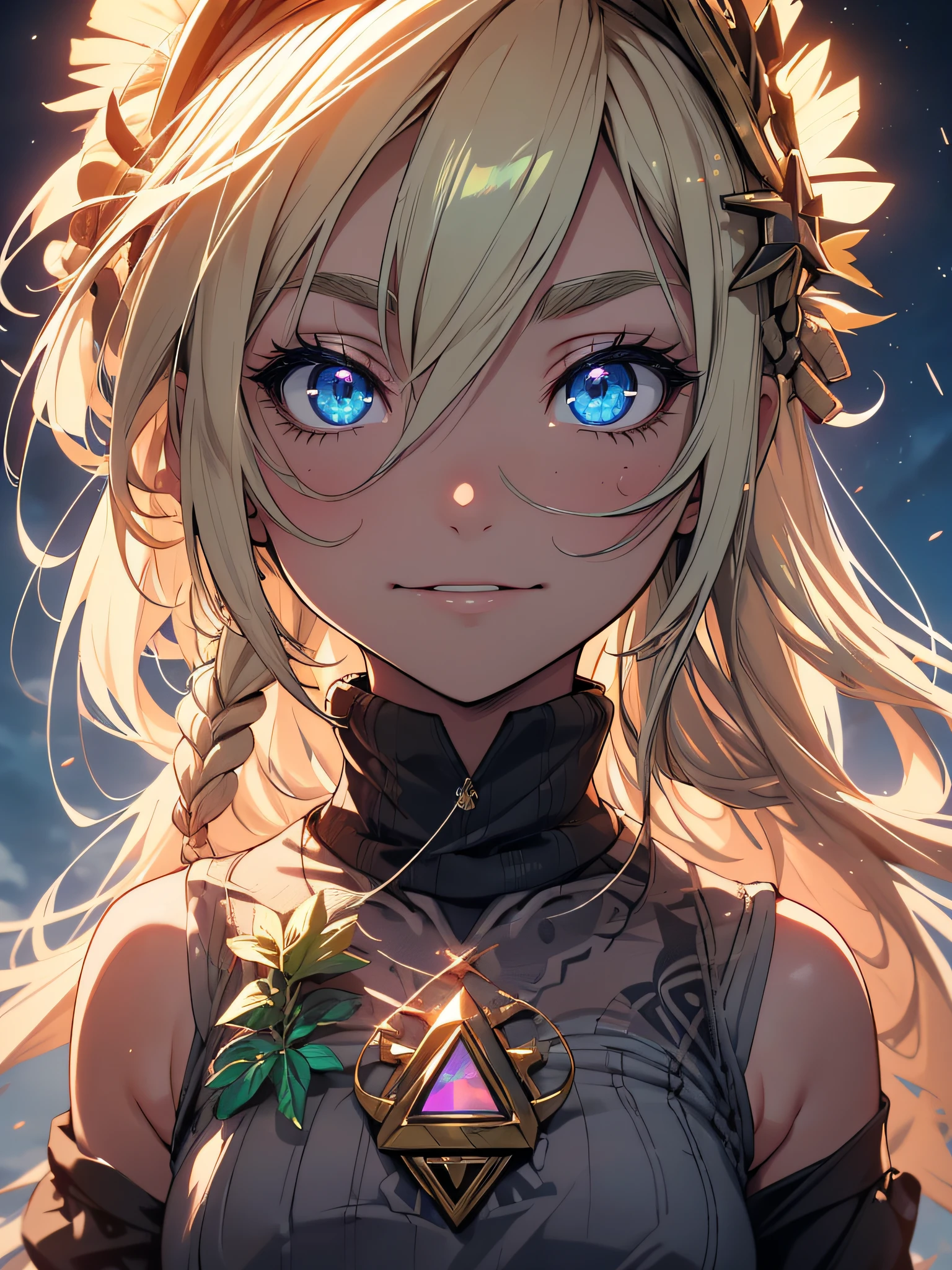 Girl wearing the Majoras Mask, light blonde hair with side braids, medium breasts, symbols on hands, emanating a sinister aura, full body, Hyrule Field, (ultra-realistic), {extremely detailed 8k CG unit wallpaper}, expansive landscape photography, (a low view focusing on the model and the sky above), (wide open field view), (high angle shot), (high light: 1.6), (low light: 1.2), ( warm light source: 1.8), complex details, (iridescent colors: 1.5), (bright lighting), (atmospheric lighting), Dreamy, magical, Majoras, Mask, The legend of Zelda, imposing