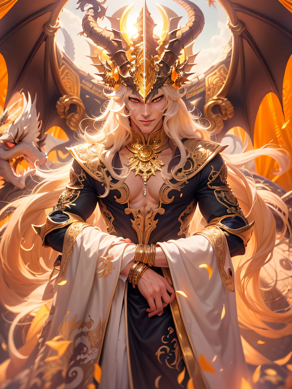 (Handsome Man Dragon Guy), (long gold hair), (Dragon horns on the head), (goldscale), (Evil Orange Incredible detailed eyes), (Sly grin), jewels, cloths, (naked torso), Bohemian interior, Sun light, Magic shining pollen in the rays of the sun, ornate patterns, Column, Curtains, hiquality, wallpapers, 24 thousand..., ultradetail, topquality