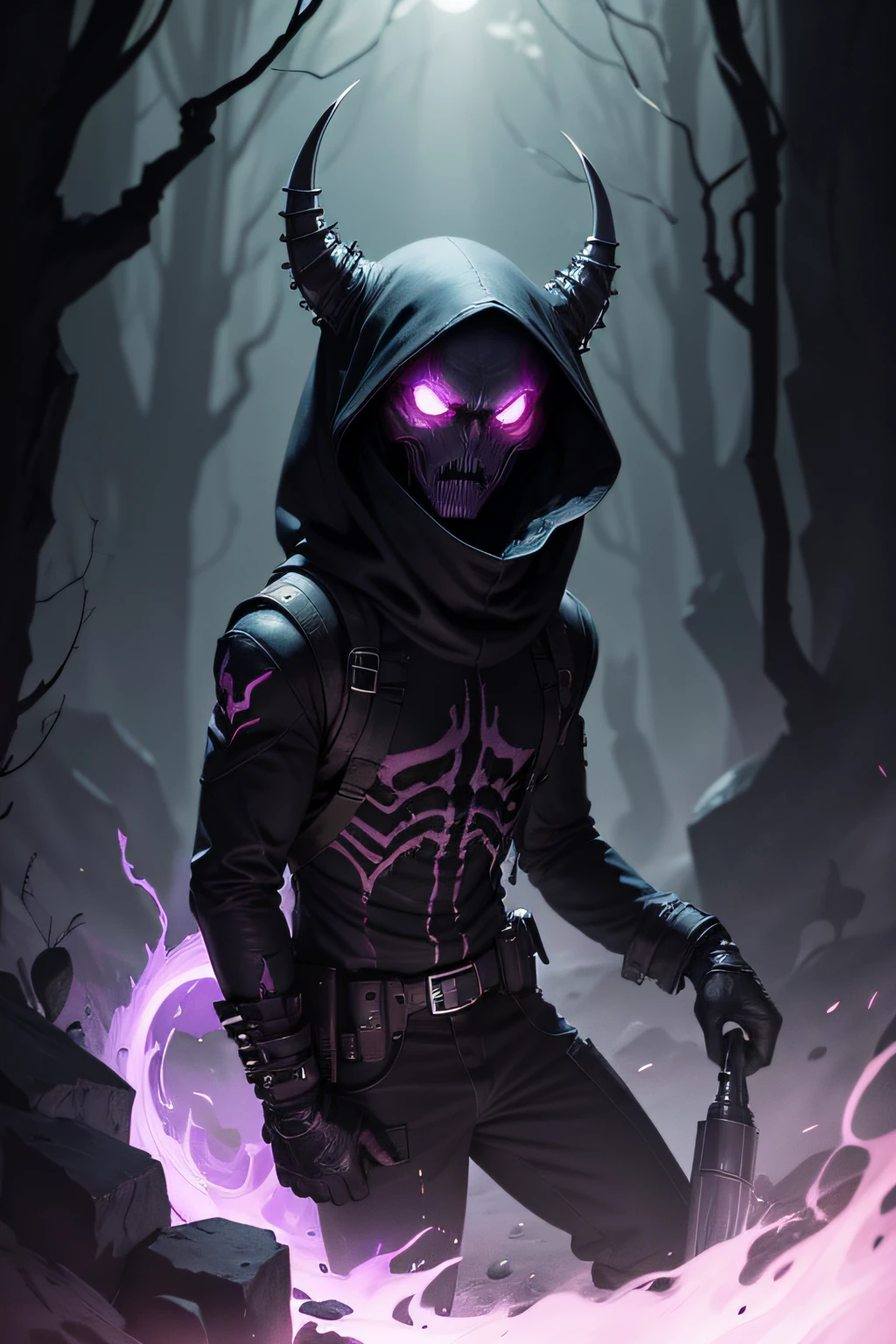 a dark and scary alien ghost-hunter, returns from hunting with prey