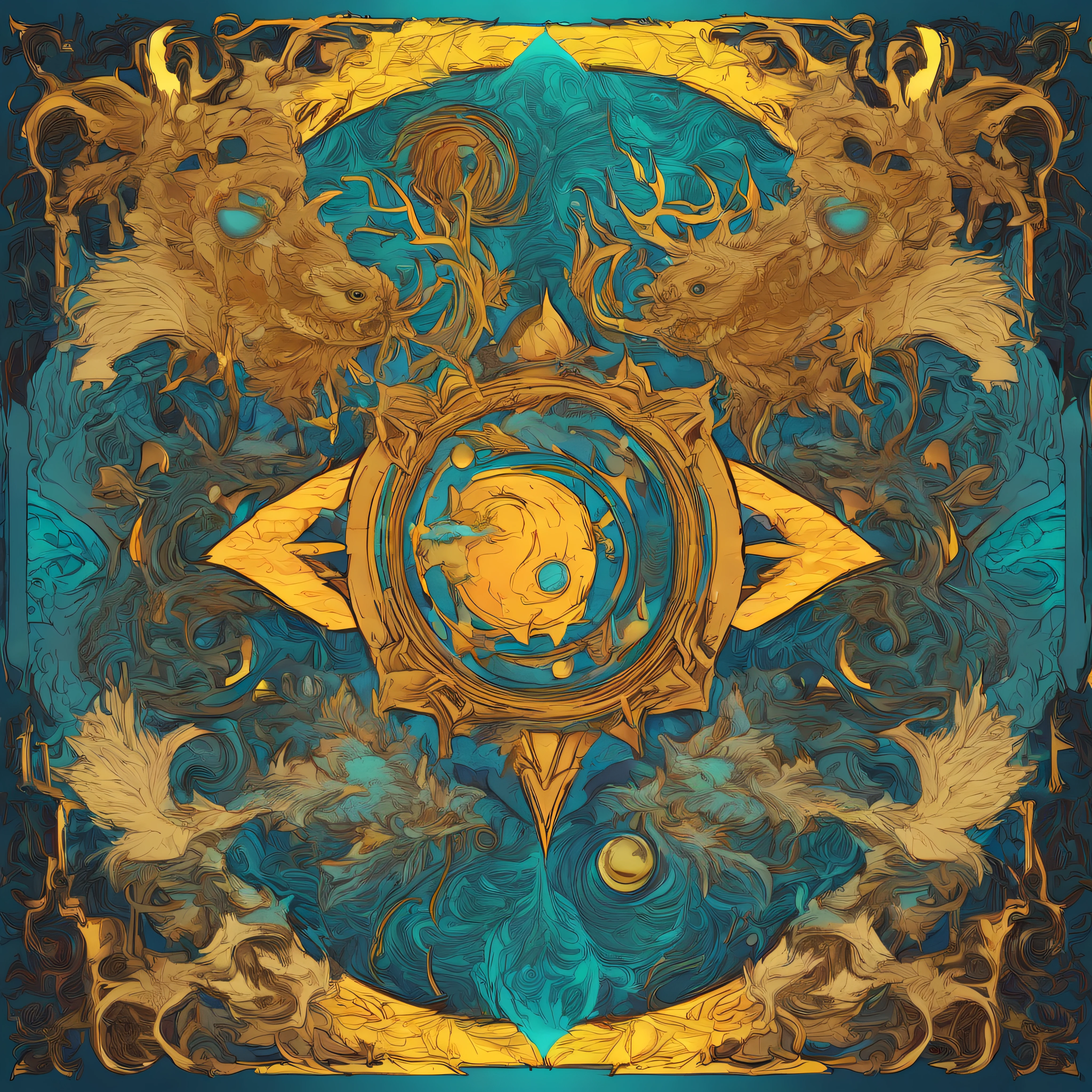 A mesmerizing abstract & conceptual digital artwork featuring a harmonious fusion of Scorpio, Sagittarius, and Virgo symbols. Bold and vibrant colors intersect with intricate patterns, creating a dynamic composition that captures the essence of these zodiac signs. The artwork radiates cosmic energy, with celestial elements subtly intertwined throughout. Let your imagination run wild as you explore the depths of this transcendent cosmic emblem.