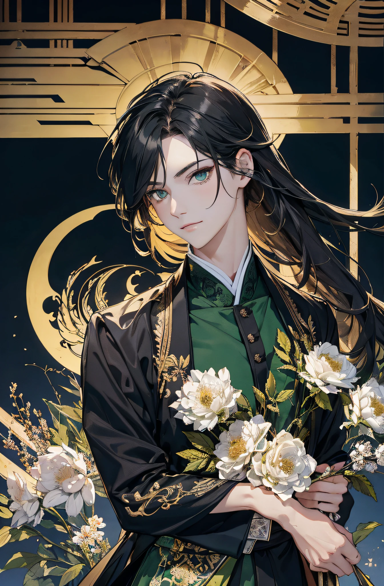 Meisterwerk, hyper HD,sehr detailliert, ((Ein Mann)),Perfektes Gesicht, grinsend,Japanisch Antiker Kleidungsstil,langes schwarzes Haar,green eyes,langes, flowy hair,Goldene Haarnadel,stattlich,gentle,hoch, green and white dyed clothes,outside,Bambus-Hain,Blick auf den Betrachter