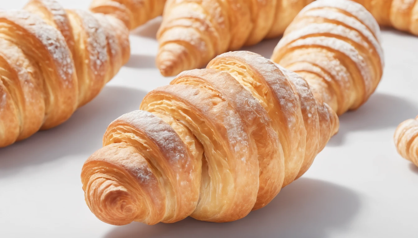 8K, Raw photo, Best Quality, masutepiece,Realistic, Photorealsitic,Clear focus, ,Professional Lighting,Front lighting,BRAEK,White background,1 croissant