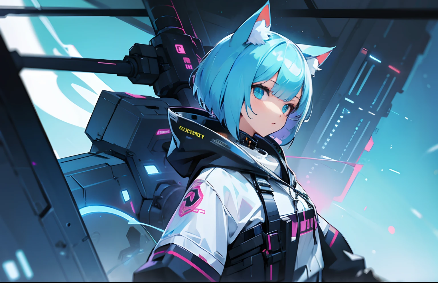 girl with,a short bob,Nekomimi,lightblue hair,cyberpunked,a cool,