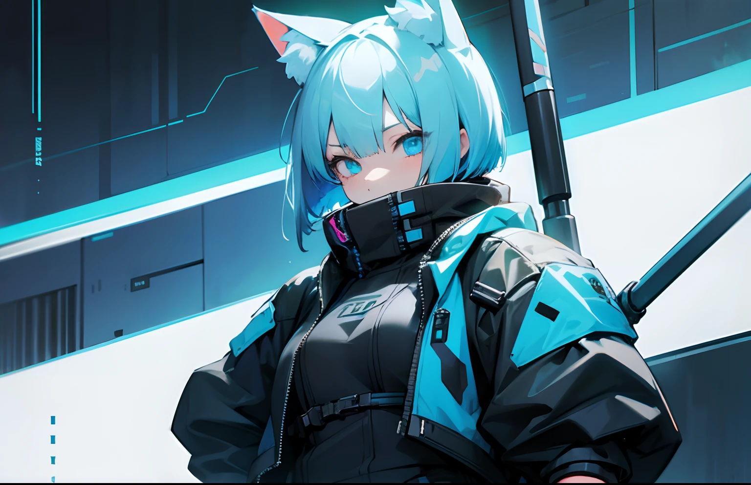 girl with,a short bob,Nekomimi,lightblue hair,cyberpunked,a cool,