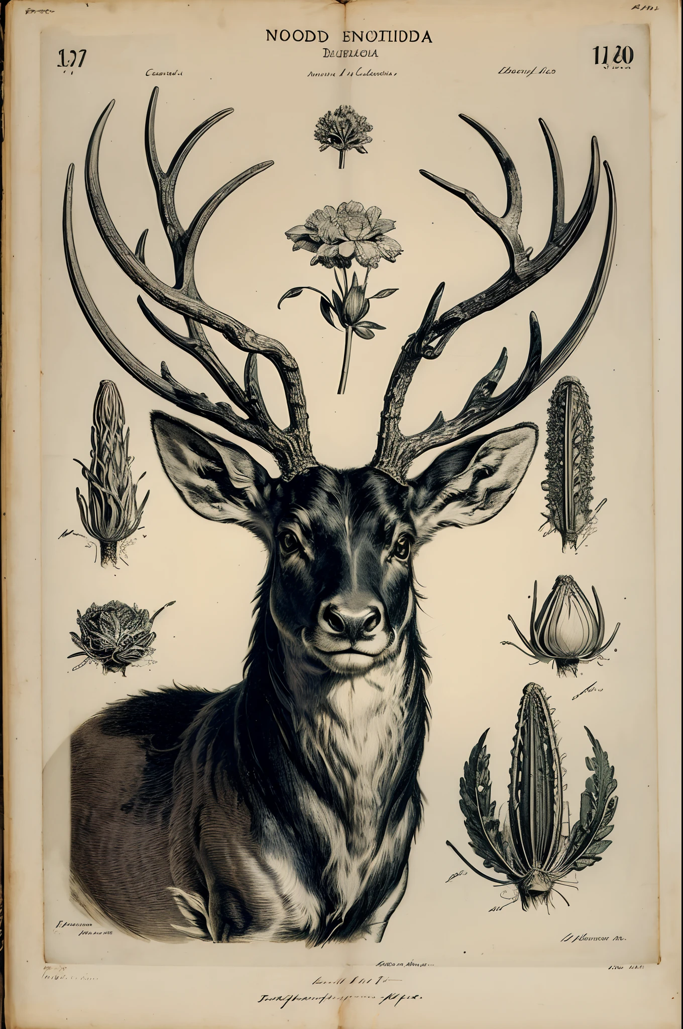 ((nobody)) Vintage Victorian style, Precise old encyclopedia (best quality:1.2), (detailed:1.2), (masterpiece:1.2), vintage botanical illustrations of a deer with horns