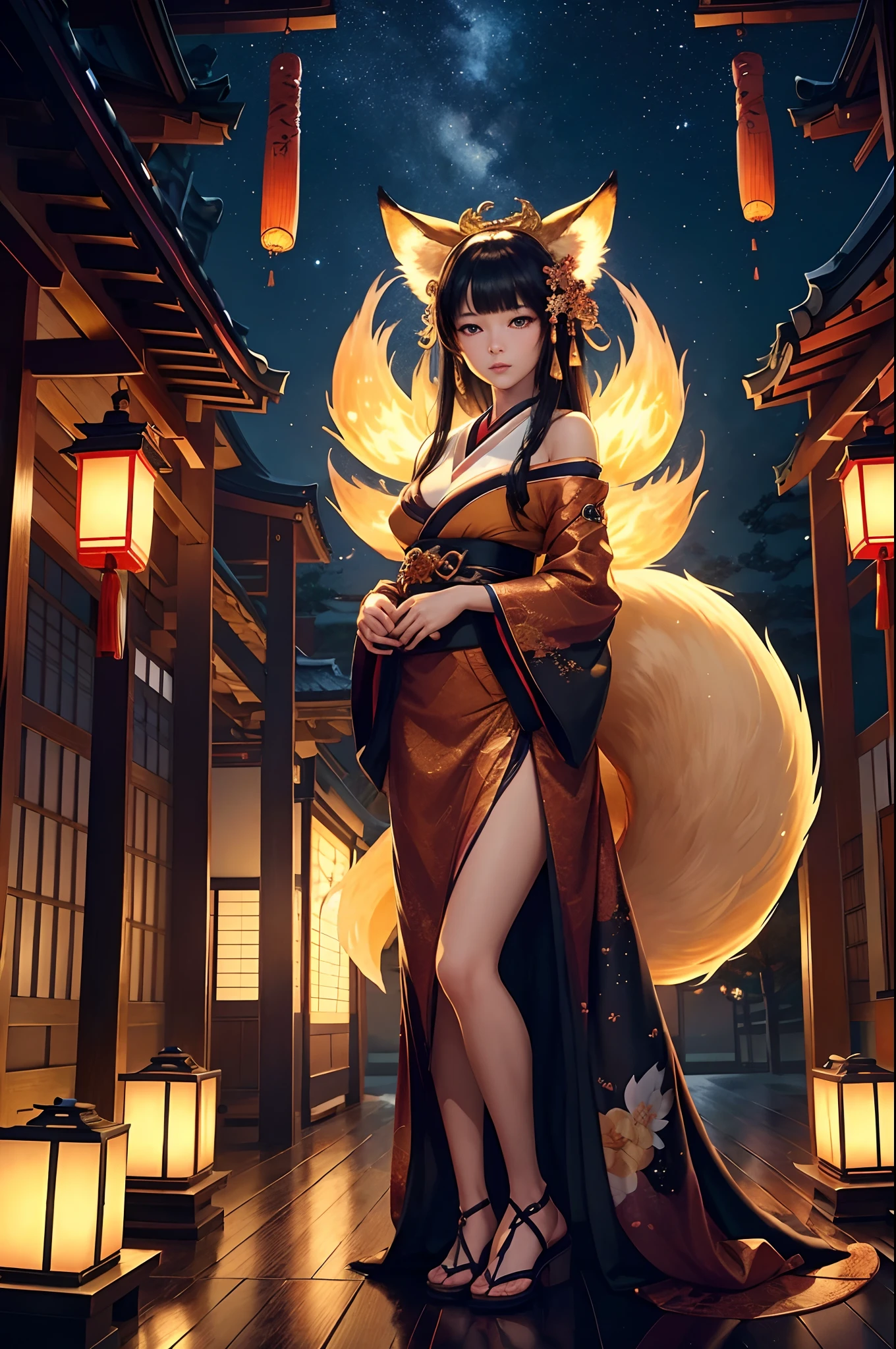 (Best quality:1.2, ultra-detailed, photorealistic:1.3), colorful, brightly lit night scene, enchanting atmosphere. Beautifully detailed nine-tailed kitsune woman, with captivating emerald eyes, rosy cheeks, and silky long black hair flowing in the breeze. She has a slim and graceful figure, with a slender waist and long legs. Her petite frame is adorned with (revealing traditional Japanese clothing:1.3), showcasing her alluring curves and assets. The kitsune woman stands in front of a majestic Japanese temple, illuminated by the soft glow of lanterns. The temple is decorated with intricate carvings and vibrant cherry blossoms, symbolizing beauty and renewal. The night sky is filled with sparkling stars, creating a magical backdrop. The kitsune woman's elegant posture exudes confidence and elegance, as she holds a mystical fox mask, adding an element of mystery to the scene. The ambience is filled with tranquility and a sense of wonder, inviting viewers to immerse themselves in the enchanting world of the nine-tailed kitsune.