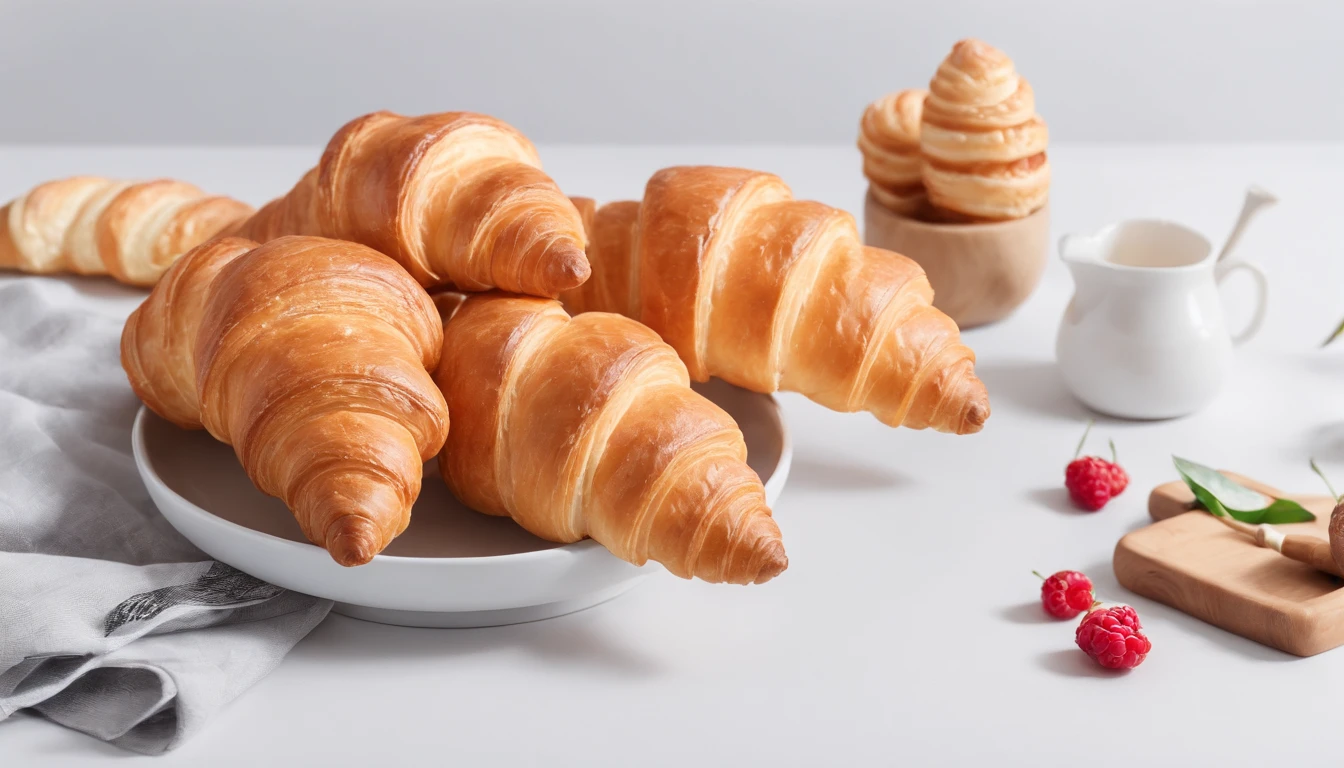 8K, Raw photo, Best Quality, masutepiece,Realistic, Photorealsitic,Clear focus, ,Professional Lighting,Front lighting,BRAEK,White background,croissant,Copy Space
