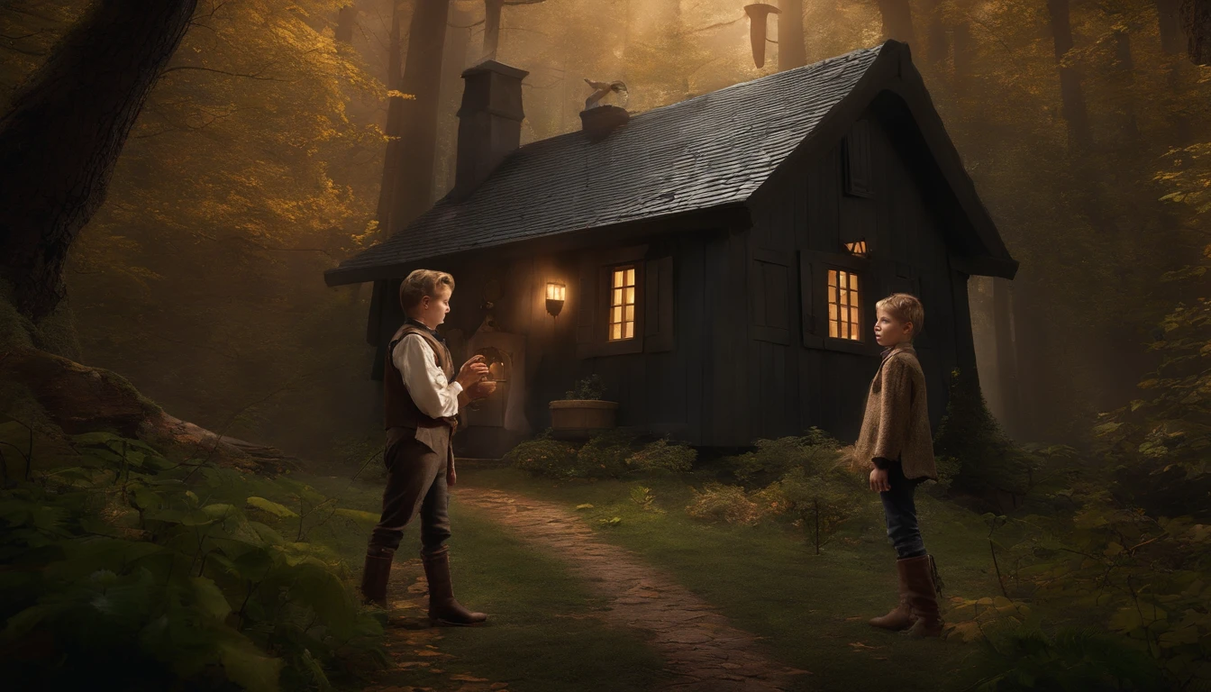 Reimagine the classic tale of "Hansel and Gretel" with a modern twist. Picture a determined young boy named Hansel and his clever sister, Gretel, navigating a mysterious and enchanted forest. They're dressed in contemporary attire but carry a hint of timeless charm. Amidst the mystical woods, a surreal blend of magic and technology, they encounter a candy-covered house, their expressions a mix of curiosity and caution. The forest is aglow with an otherworldly, iridescent light, casting an eerie yet alluring atmosphere.