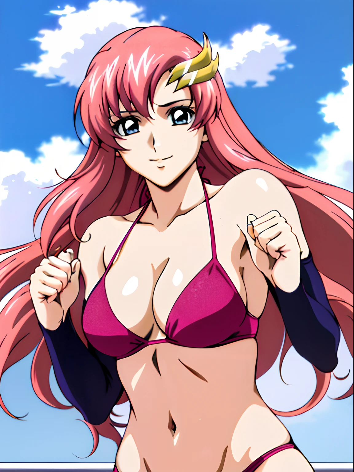 (masterpiece, upper body view, 4K, Best Quality, Anime style: 1.9,, Adult Woman, ultra detailed face, (cloud background, wrestling), Drawing lines, high resolution, Anime, lacus4), 1girl, Solo, curvy figure, Long hair, 鎖骨, scapular, (Detailed wide hair bangs, Hair Ornament, Detailed reddish-pink hair, golden crest), cleavage, large hands, (female wrestler). (Big blue eyes, shiny eyes), ((female wrestler, slender body, broad shoulders, closed fists)), ((perfect proportions, medium breasts, long belly)), (((bikini, pink wrestling gear))), happy, smile, (standing, looking at the viewer)