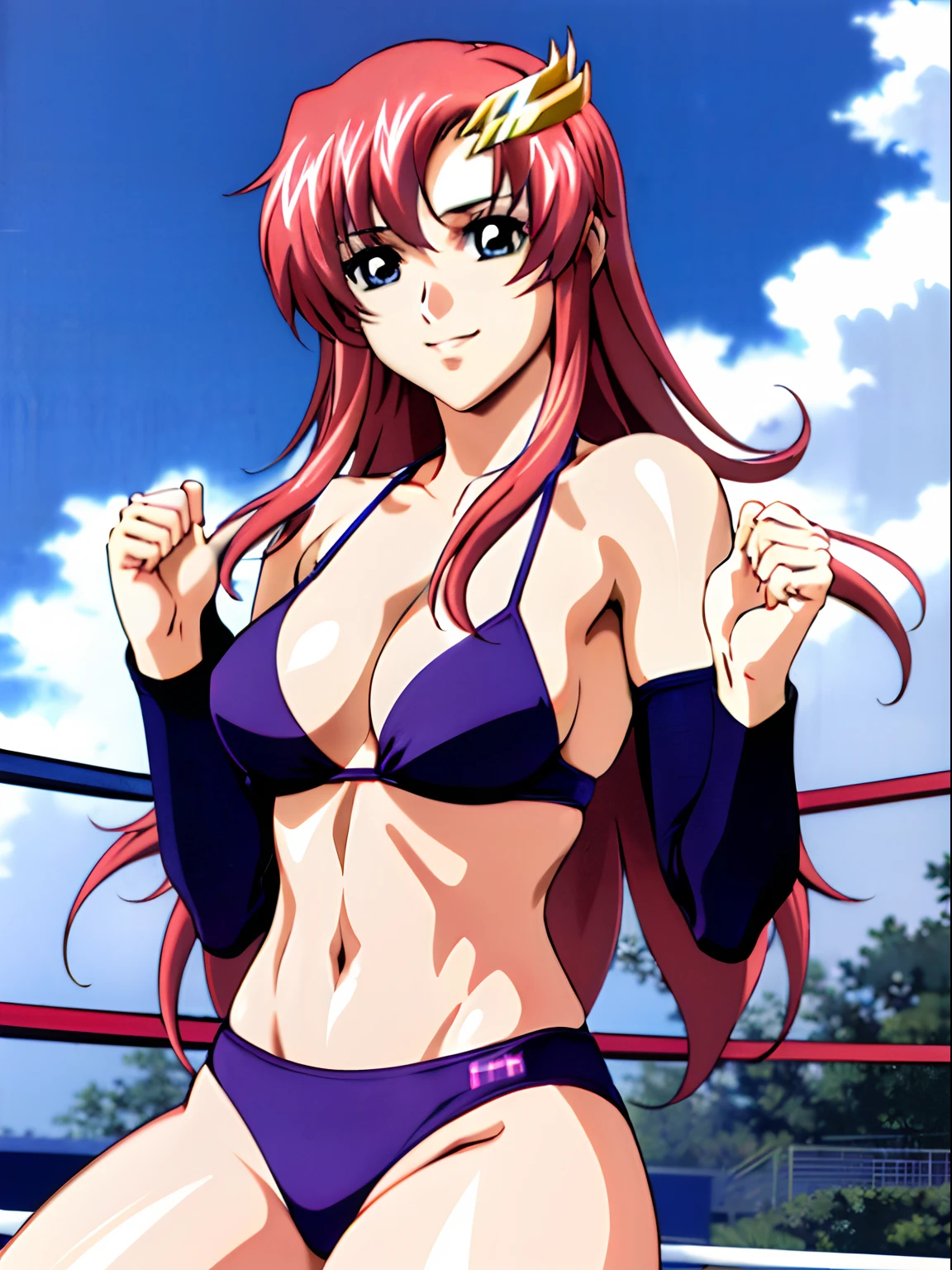 (masterpiece, upper body view, 4K, Best Quality, Anime style: 1.9,, Adult Woman, ultra detailed face, (cloud background, wrestling), Drawing lines, high resolution, Anime, lacus4), 1girl, Solo, curvy figure, Long hair, 鎖骨, scapular, (Detailed wide hair bangs, Hair Ornament, Detailed reddish-pink hair, golden crest), cleavage, large hands, (female wrestler). (Big blue eyes, shiny eyes), ((female wrestler, slender body, broad shoulders, closed fists)), ((perfect proportions, medium breasts, long belly)), (((bikini, pink wrestling gear))), happy, smile, (standing, looking at the viewer)