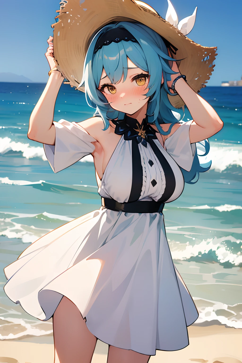 Absurd, Masterpiece, Best Quality, (Super Detailed), (Nice Hands, Perfect Hands), Ideal Proportions of the Body, BREAK (Vector Outline, Flat Color: 1.3), ((1girl)), Solo , stand, (raised hand) ), from the side, upper body close-up, big breasts, from below, on the sandy beach, blue sky, wind, rim light, sunlight, beautiful lighting, BREAK cute girl, 7 , (young: 1.8), fine blue eyes , (Eye highlights), Silver medium bob hair: 1.2), Medium breasts, Surprised, Wide open mouth, (Full blush), Sweat, Floating hair, BREAK (wearing floral sundress), (Floating skirt) , No panties: 1.3), Straw hat, Erotic position, {{{(((Clothes are wet and transparent, nsfw)))}}},