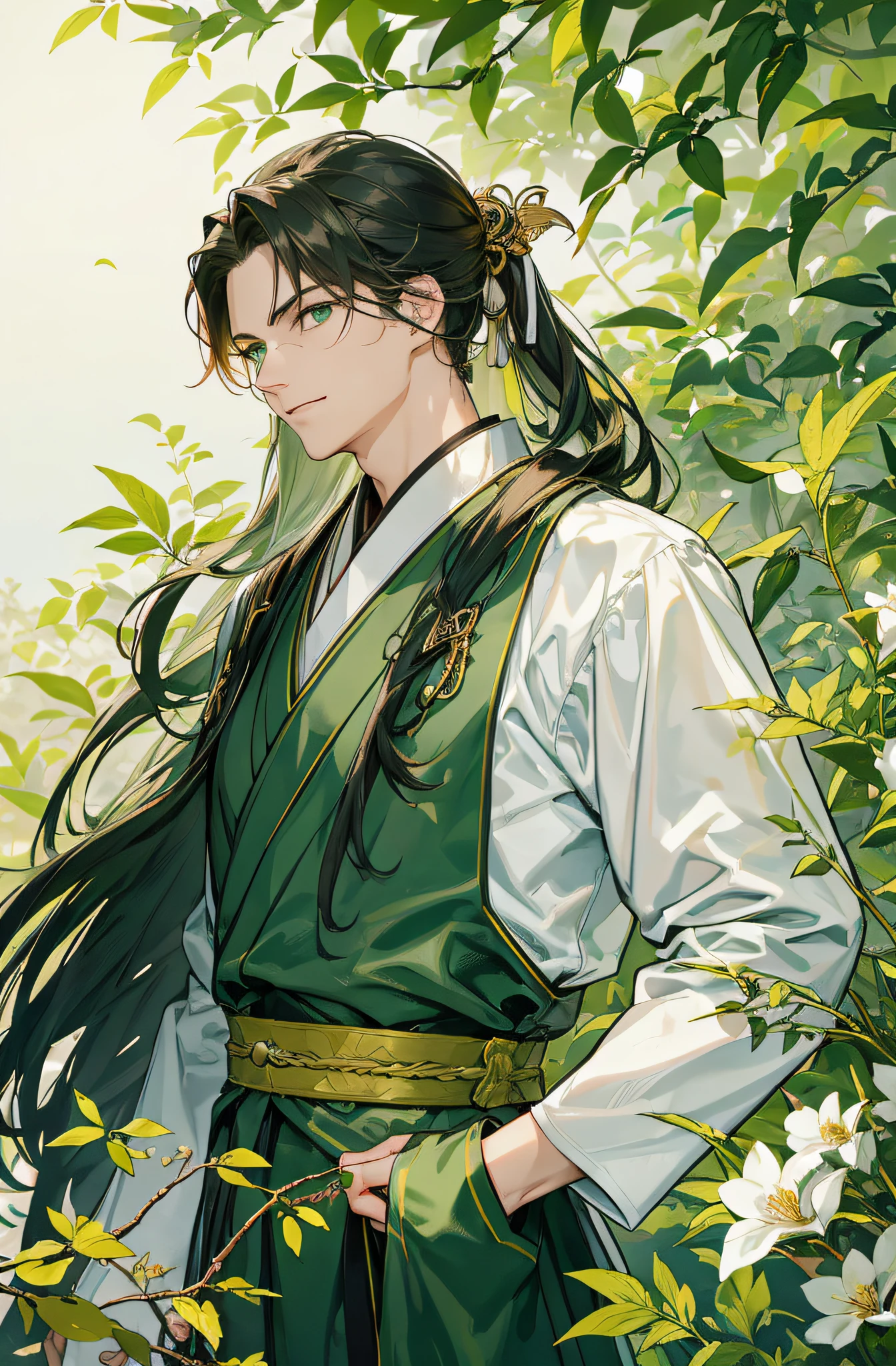Meisterwerk, hyper HD，sehr detailliert, ((Ein Mann))，Perfektes Gesicht, grinsend，Japanisch Antiker Kleidungsstil，langes schwarzes Haar，green eyes，langes, flowy hair，Goldene Haarnadel，stattlich，gentle，hoch, green and white dyed clothes，outside，Bambus-Hain，Blick auf den Betrachter