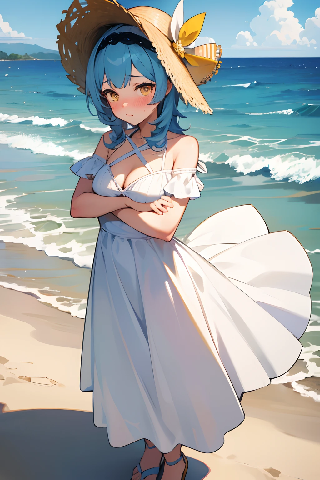 SFW, masterpiece, standing (woman 1), (((cute pose)), (white long dress), yellow eyes, pouder blue hair, cute blush, (beach), wind, blush, hay hat, ((milf))