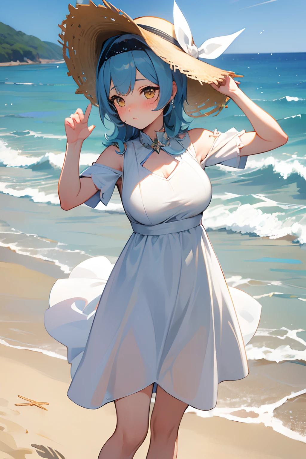 SFW, masterpiece, standing (woman 1), (((cute pose)), ((white long dress))), yellow eyes, pouder blue hair, cute blush, (beach), wind, blush, hay hat, ((milf))