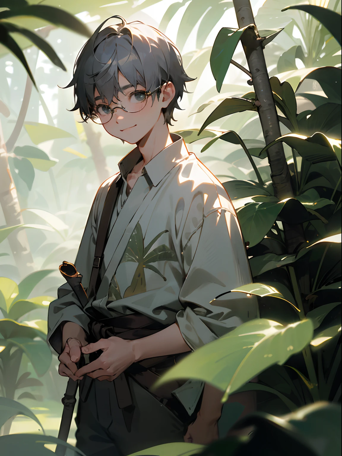 (Male child, eye glasses,Cowboy Shots,A smile, silber hair),Outrageous resolution、hight resolution、(masterpiece:1.4)、Detailed and intricate digital illustration of dense jungle full of exotic plants and animals、It is creating the effect of mottled sunlight passing through the canopy。In the style of Yoshitaka Amano and Hayao Miyazaki、masterpiece、Proportional、detaileds、trending on artstationh、beautiful lighting、realisitic、Convoluted、awardwinning、4k、top-quality