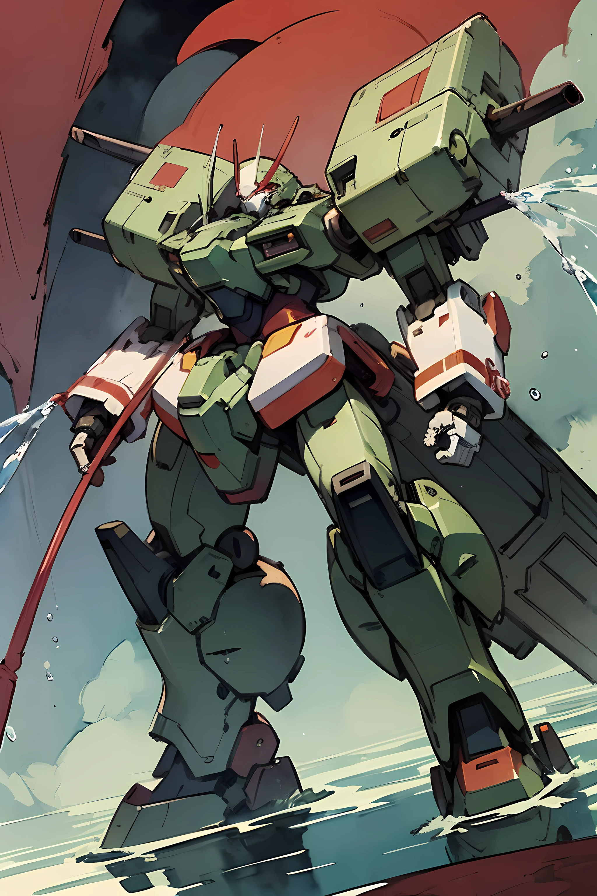 Heavy Mecha, gray-green with red markings, (artist Mamoru Nagano:1.5), (fine ink drawings:1.6), (water-colors:1.6), (Illustration on paper)