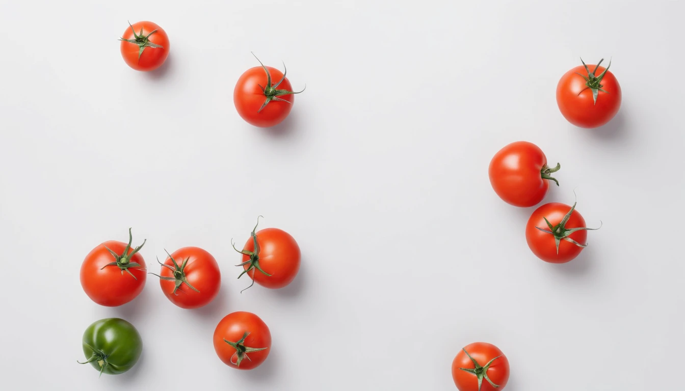 8K, Raw photo, Best Quality, masutepiece,Realistic, Photorealsitic,Clear focus, ,Professional Lighting,Front lighting,BRAEK,White background,tomatoes,Copy Space