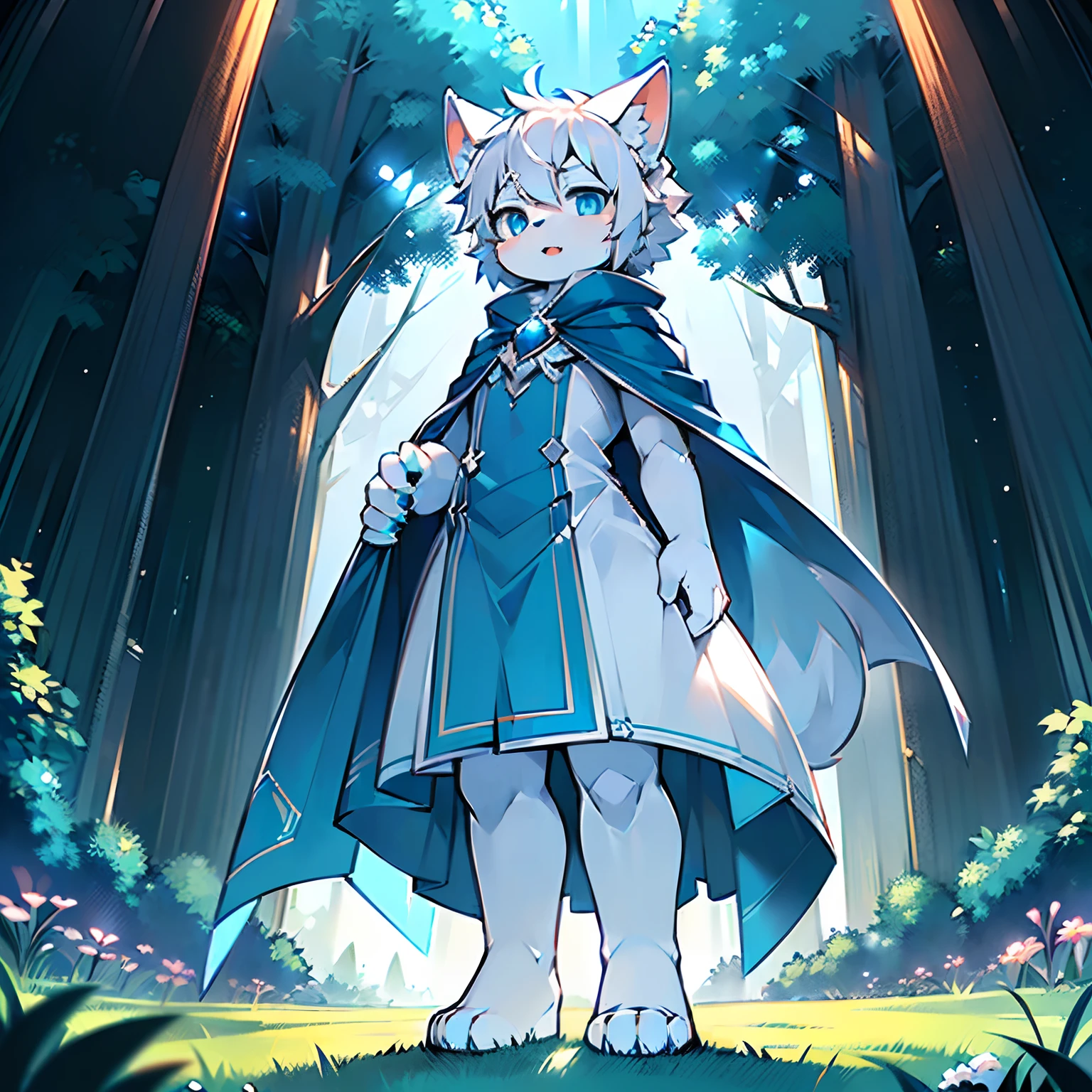 Anthropomorphic standing furry little wolf，adolable, Light：Extreme light and shadow,(anthr(Full Body Furry,Head bust close-up， Silvery-white hair,Large silvery-white ears，Big blue eyes，The mouth is slightly larger，White fur，Reddish skin ，Sky blue eyes, Silvery-white hair:1.0), (long canines、Thick light blue cape，White fur trims：1.2），（the night、lawns)) ，((Deep in the dark forest at night，glowworm，独奏，solo person))，((the detail))，（depth of fields)，（Sell moe），(standing on your feet))