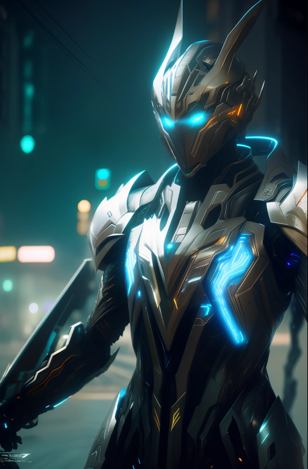 Alafeld man in futuristic suit walking down city streets, cyber suit, Cyberpunk cyber armor, cyber armour, cyber fight armor, Wear cyber armor, Mecha suit, epic scifi character art, science fiction suit, 3 D rendering character art 8 K, Amazing 8K character concept art, cybersuit,male people,No hair
