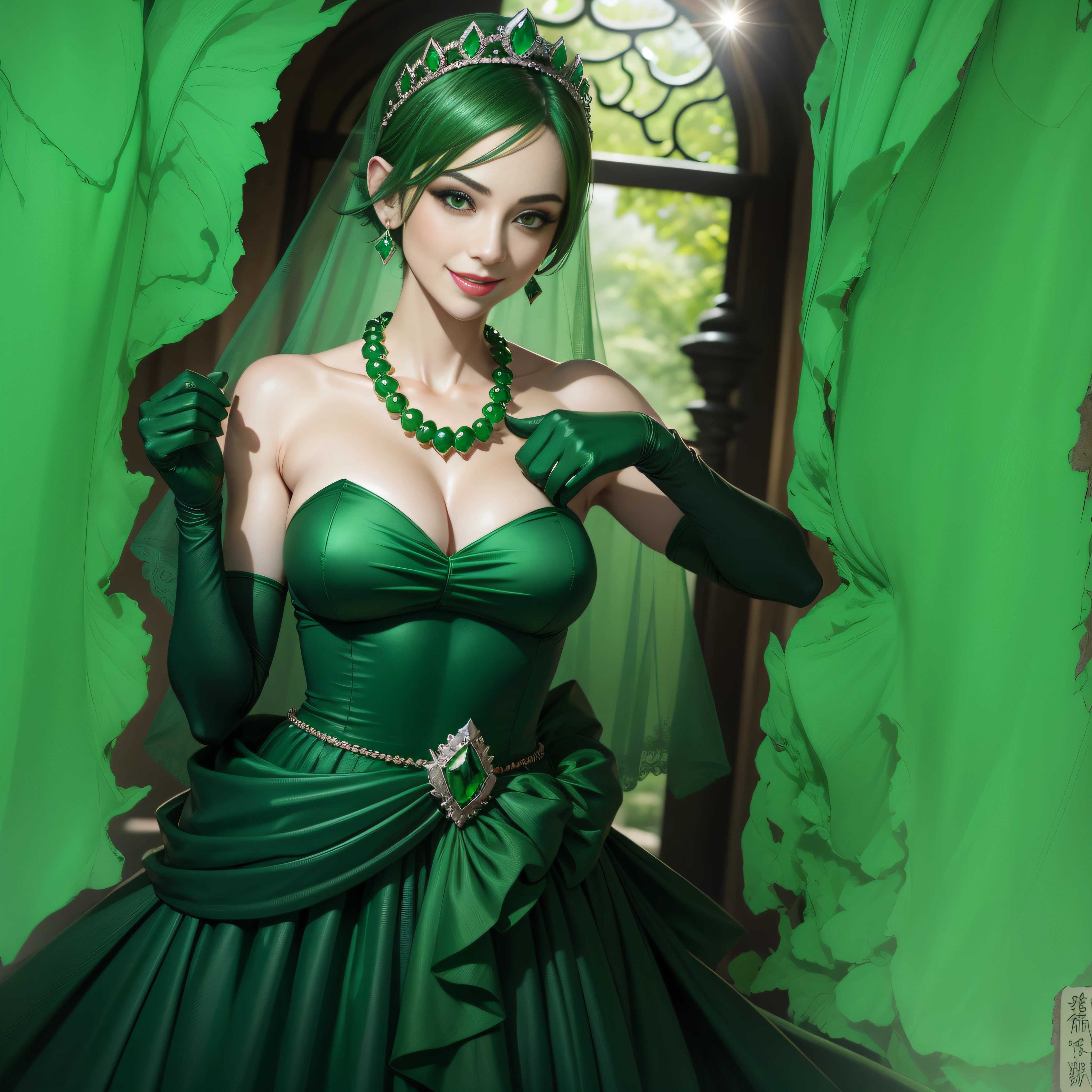 emerald tiara, Green Pearl Necklace, Boyish very short green hair, lipsticks, Japan woman smiling, very short short hair, ??????????? beautiful, Green eyes, Long green gloves made of satin material, Green eyes, Emerald Earrings, Green dress