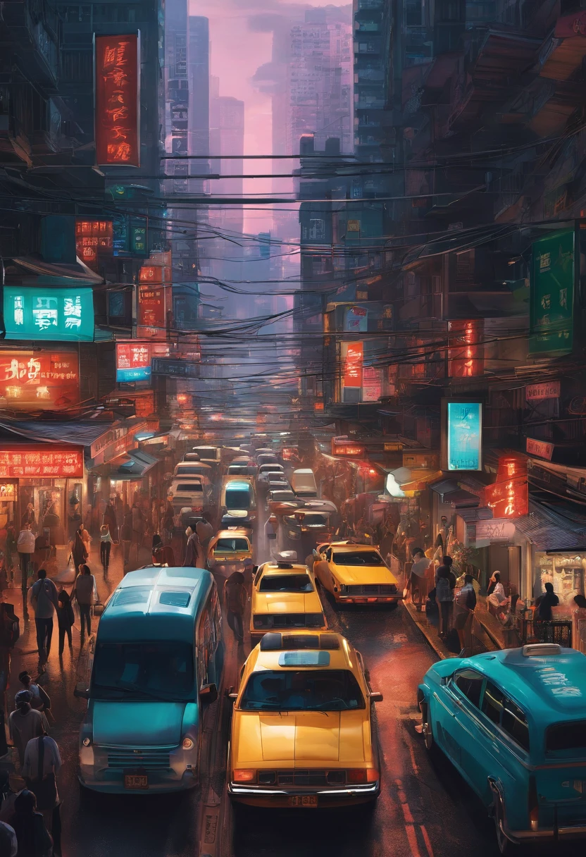 Illustration of a busy city street with people and cars, uma pintura digital inspirada em Liam Wong, trending in behance, arte conceitual, Arte de uma rua de Hong Kong, cartaz impresso de rua, detailed cyberpunk illustration, Estilo da cidade murada de Kowloon, Kowloon cyberpunk, chungking express paleta de cores, poster illustration, in a tropical and dystopic city, gta chinatown estilo de arte
