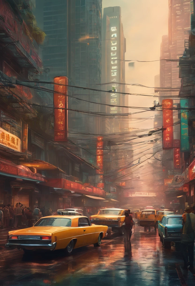 Illustration of a busy city street with people and cars, uma pintura digital inspirada em Liam Wong, trending in behance, arte conceitual, Arte de uma rua de Hong Kong, cartaz impresso de rua, detailed cyberpunk illustration, Estilo da cidade murada de Kowloon, Kowloon cyberpunk, chungking express paleta de cores, poster illustration, in a tropical and dystopic city, gta chinatown estilo de arte