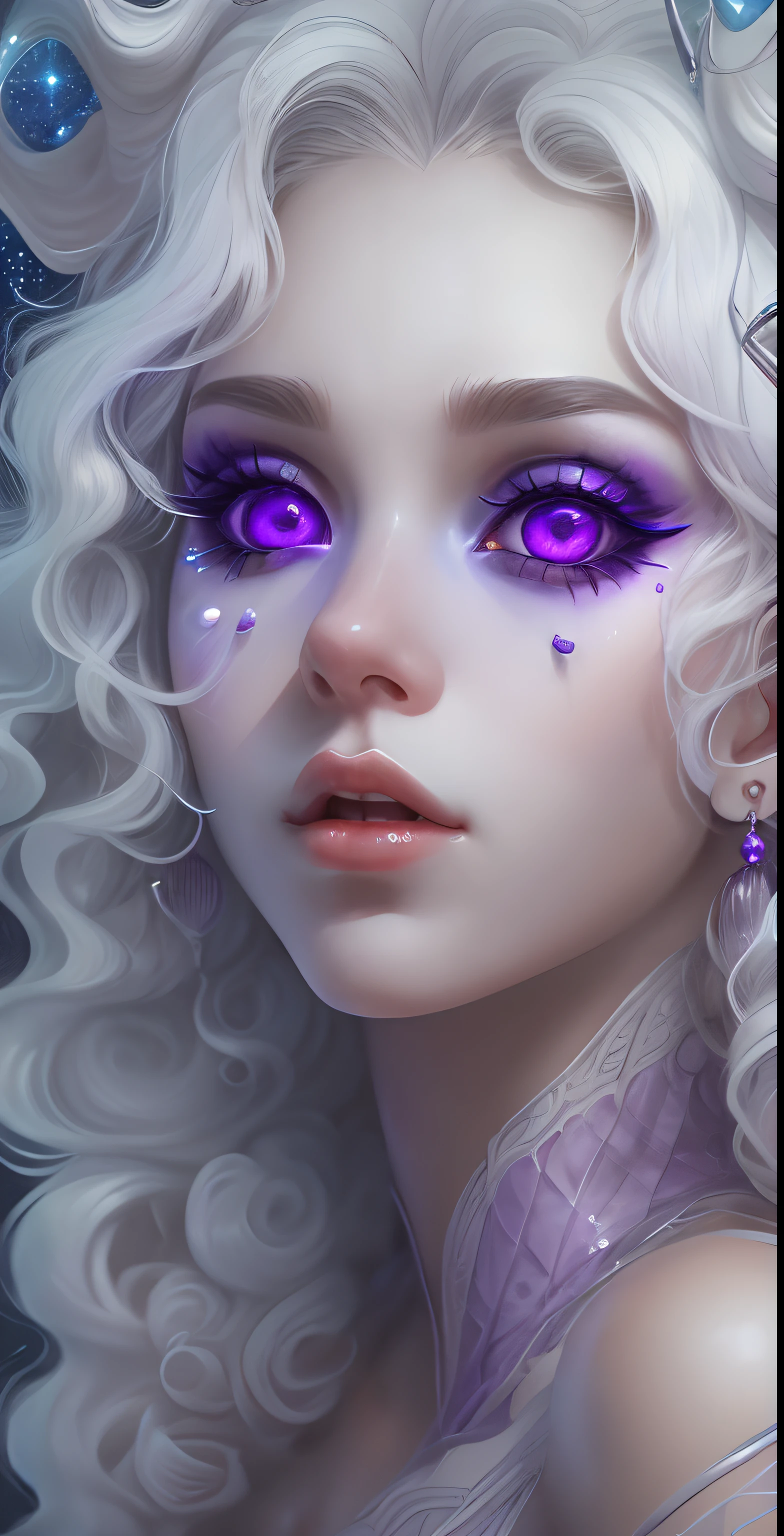 NSFW, Half-, 20years old, white colored hair, curly hair, The Devil's Purple Eyes, earings, makeup, Shy, surrealism, Futurism, sparkle, optical illusion, From directly above, wide-angle, Masterpiece, anatomically correct, super detaill, High Details, hiquality, Best Quality, 4k