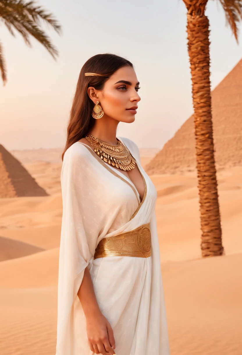 In the golden light of an evening sunset, a girl stands amidst the mystical atmosphere of ancient Egypt. She is adorned with intricate jewelry, shimmering in vibrant colors. Her eyes are detailed and captivating, drawing you into her world. The scene is set against a backdrop of towering sand dunes, with majestic palm trees swaying gently in the breeze. Hieroglyphics adorn the walls, adding an air of mystery and ancient wisdom. In the distance, the colossal pyramids rise tall and proud, a testament to the timeless beauty of Egyptian art. The entire composition is bathed in an ethereal glow, casting a warm and enchanting ambiance. This artwork captures the essence of Egypt, blending the rich history and mythology with a touch of contemporary vibrancy. (best quality,4k,8k,highres,masterpiece:1.2), ultra-detailed, realistic, photography, portraits, vibrant colors, golden light, sand dunes, palm trees, majestic pyramids, evening sunset, mystical atmosphere, timeless Egyptian art style.