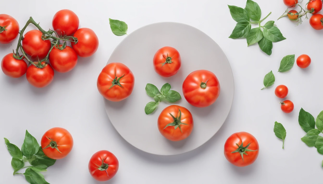 8K, Raw photo, Best Quality, masutepiece,Realistic, Photorealsitic,Clear focus, ,Professional Lighting,Front lighting,BRAEK,White background,tomatoes,Copy Space