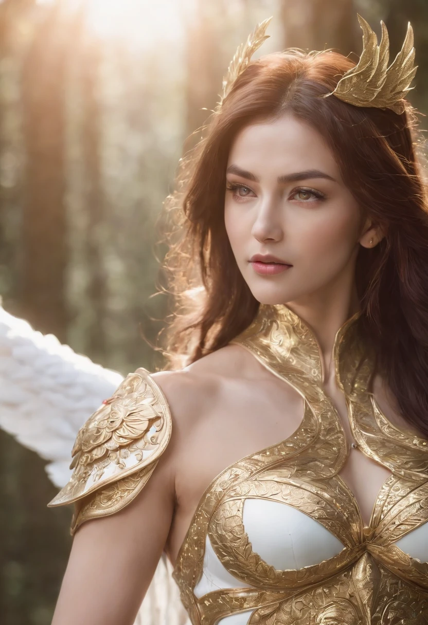 High resolution, realistic. Saint seiya, Saori Kido, Masterpiece, close up. beautiful woman, 1girl, greek facial features, big green eyes, beautiful face, detailed face, delicate nose, delicate lips, rose lips, long purple hair, straight hair, bands. Wearing a golden intricate armor. Golden Shield. Golden bacula. Golden wings. White dress under armor. Illuminated by multicolor aura. looking in front. Powerfull representation.
