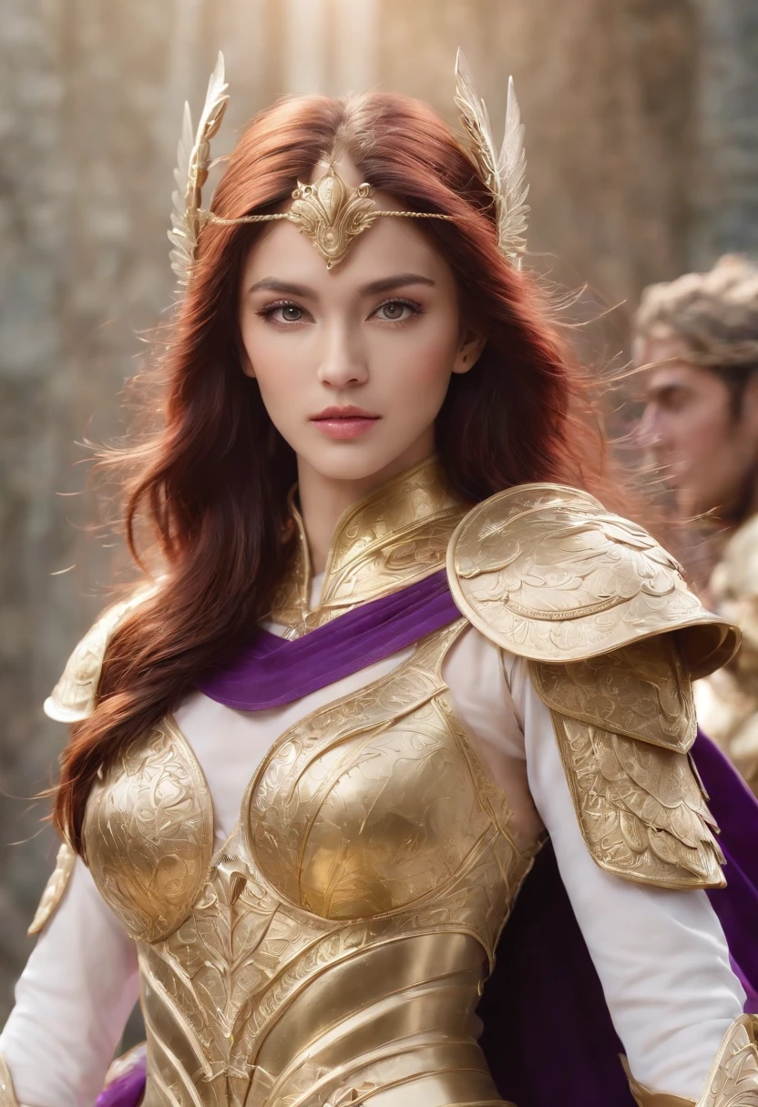 High resolution, realistic. Saint seiya, Saori Kido, Masterpiece, close up. beautiful woman, 1girl, greek facial features, big green eyes, beautiful face, detailed face, delicate nose, delicate lips, rose lips, long purple hair, straight hair, bands. Wearing a golden intricate armor. Golden Shield. Golden bacula. Golden wings. White dress under armor. Illuminated by multicolor aura. looking in front. Powerfull representation.