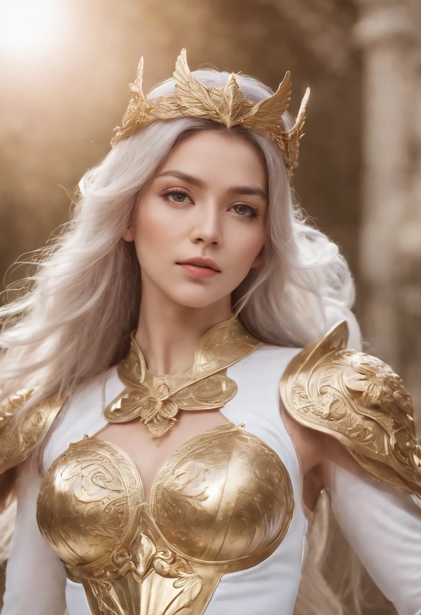 High resolution, realistic. Saint seiya, Saori Kido, Masterpiece, close up. beautiful woman, 1girl, greek facial features, big green eyes, beautiful face, detailed face, delicate nose, delicate lips, rose lips, long purple hair, straight hair, bands. Wearing a golden intricate armor. Golden Shield. Golden bacula. Golden wings. White dress under armor. Illuminated by multicolor aura. looking in front. Powerfull representation.