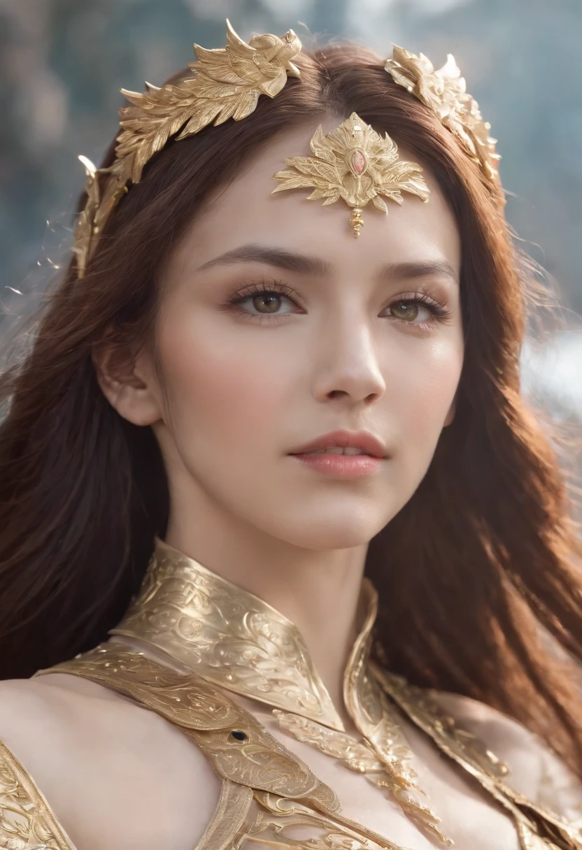 High resolution, realistic. Saint seiya, Saori Kido, Masterpiece, close up. beautiful woman, 1girl, greek facial features, big green eyes, beautiful face, detailed face, delicate nose, delicate lips, rose lips, long purple hair, straight hair, bands. Wearing a golden intricate armor. Golden Shield. Golden bacula. Golden wings. White dress under armor. Illuminated by multicolor aura. looking in front. Powerfull representation.