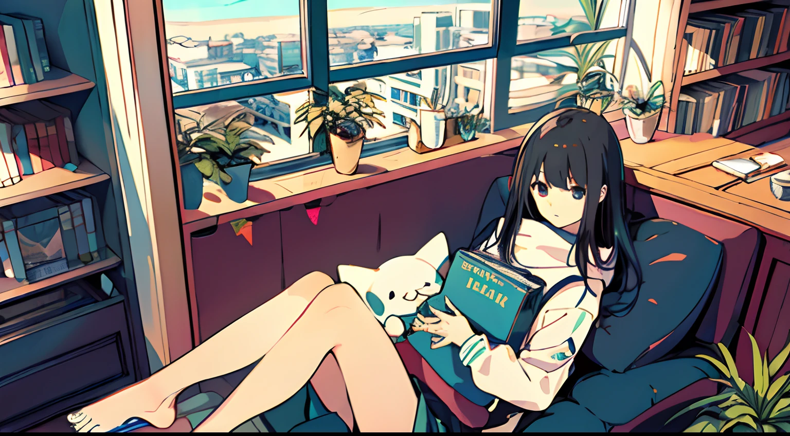 One girl, from above, plant, black hair, cat, lying down, indoors, holding, long sleeve, long hair, stuffed animal, potted plant, book, food, window, telephone, loaded interior, television, short hair, on the back, plush toy, bangs, slippers, barefoot, sitting, bookcase, shelf, cable, computer