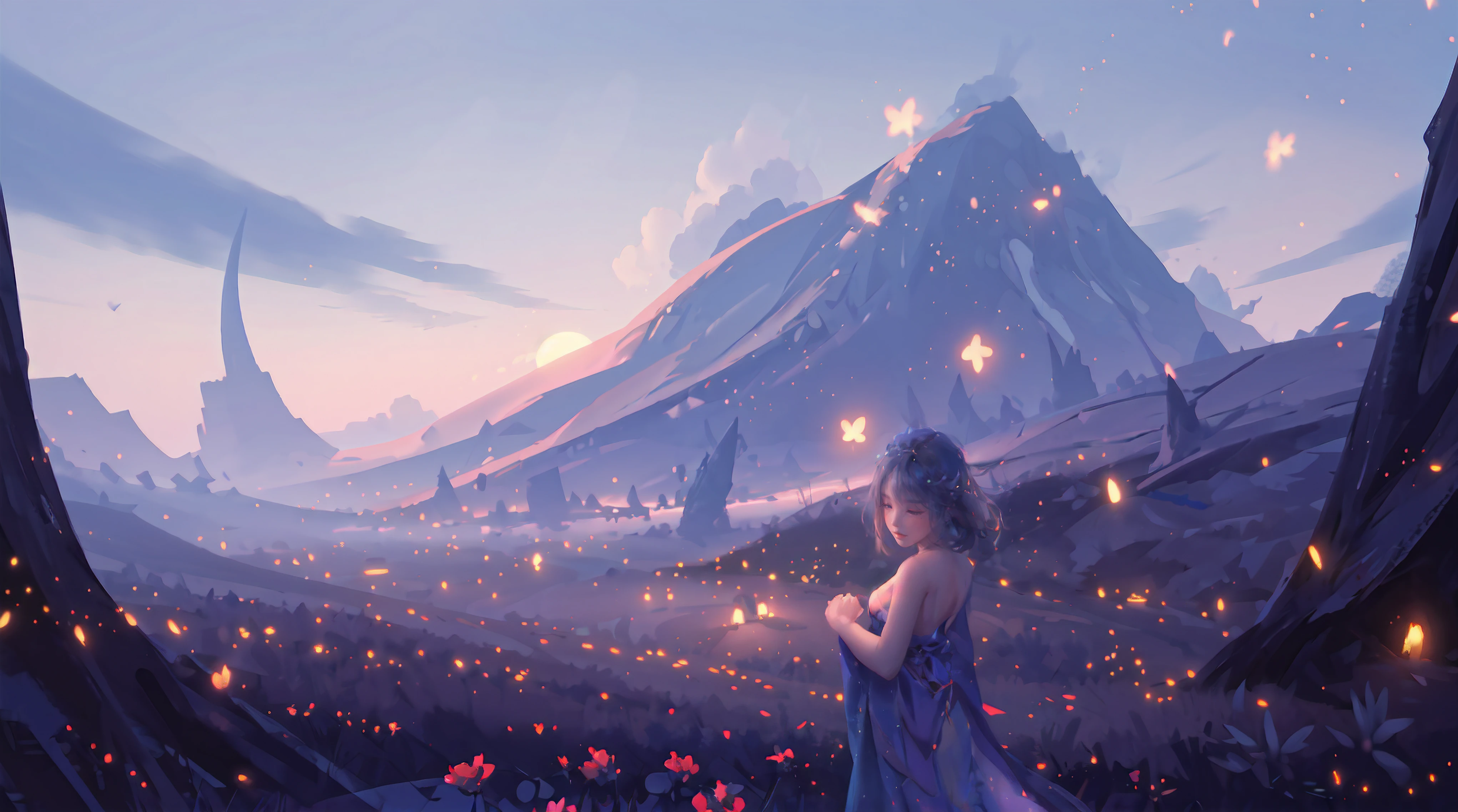 Expansive landscape photograph, (view from below with a view of the sky and the wilderness below),  girl standing in a flower field looking up, (full moon: 1.2), (shooting star: 0.9), (nebula: 1.3), distant mountain, tree break production art, (warm light source: 1.2), (firefly: 1.2), lamp, purple and orange, intricate detail, volume lighting BREAK (masterpiece: 1.2), (highest quality ), 4k, ultra-detailed, (dynamic configuration: 1.4), highly detailed and colorful details (iridescent: 1.2), (sparkling lighting, atmospheric lighting), dreamy, magical, (solo: 1.2)