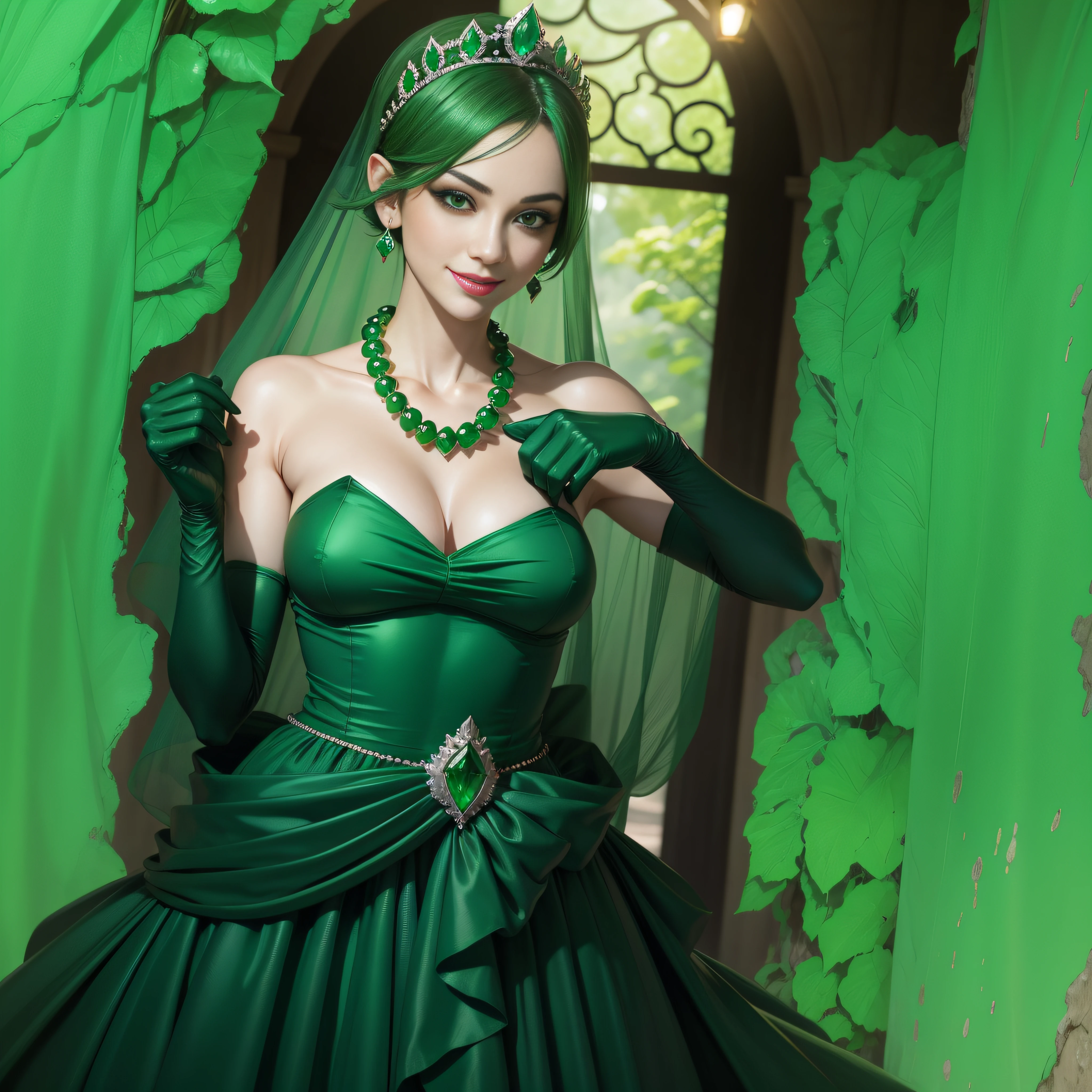 emerald tiara, Green Pearl Necklace, Boyish very short green hair, lipsticks, Japan woman smiling, very short short hair,  beautiful, Green eyes, Long green gloves made of satin material, Green eyes, Emerald Earrings, Green dress