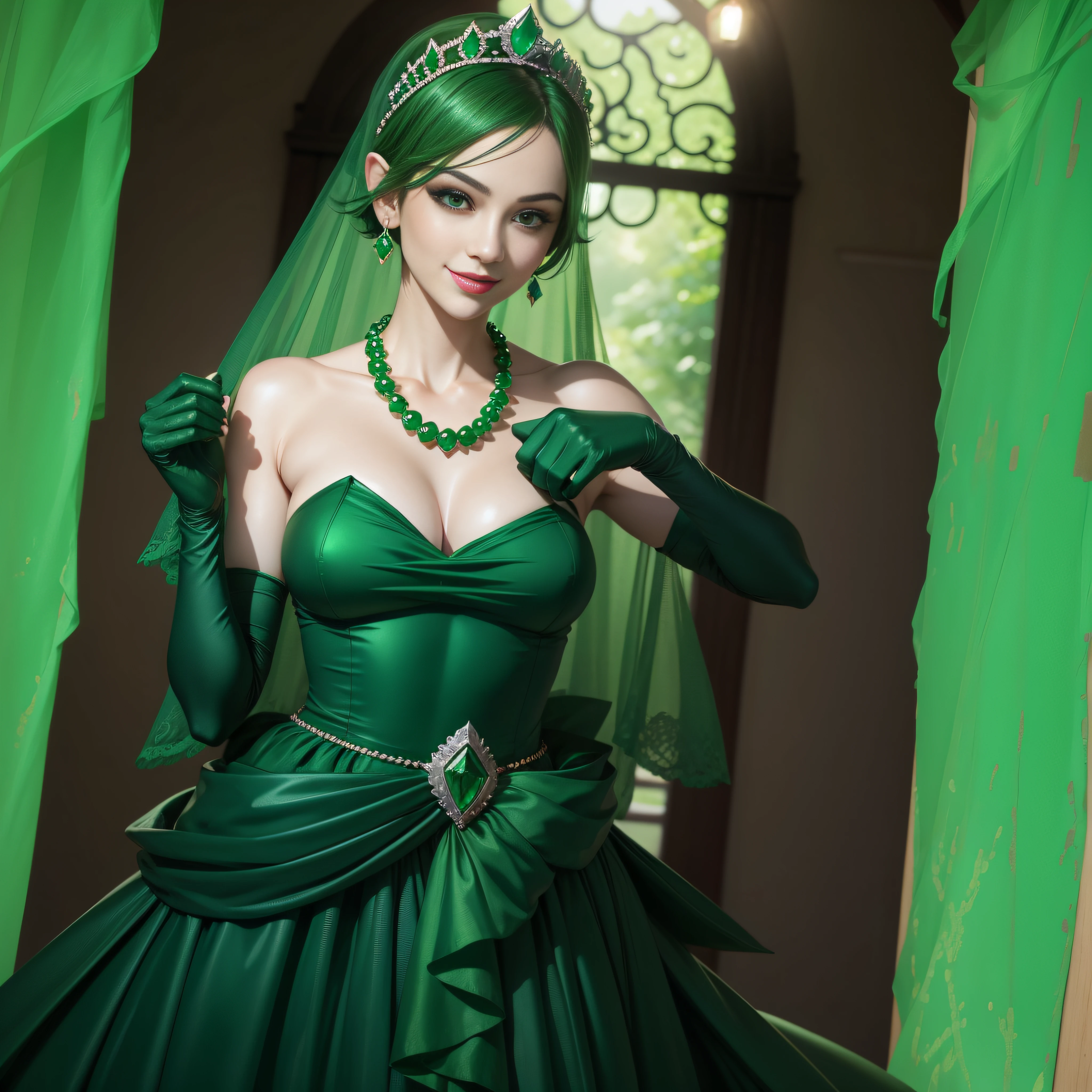 emerald tiara, Green Pearl Necklace, Boyish very short green hair, lipsticks, Japan woman smiling, very short short hair, big breasts beautiful, Green eyes, Long green gloves made of satin material, Green eyes, Emerald Earrings, Green dress