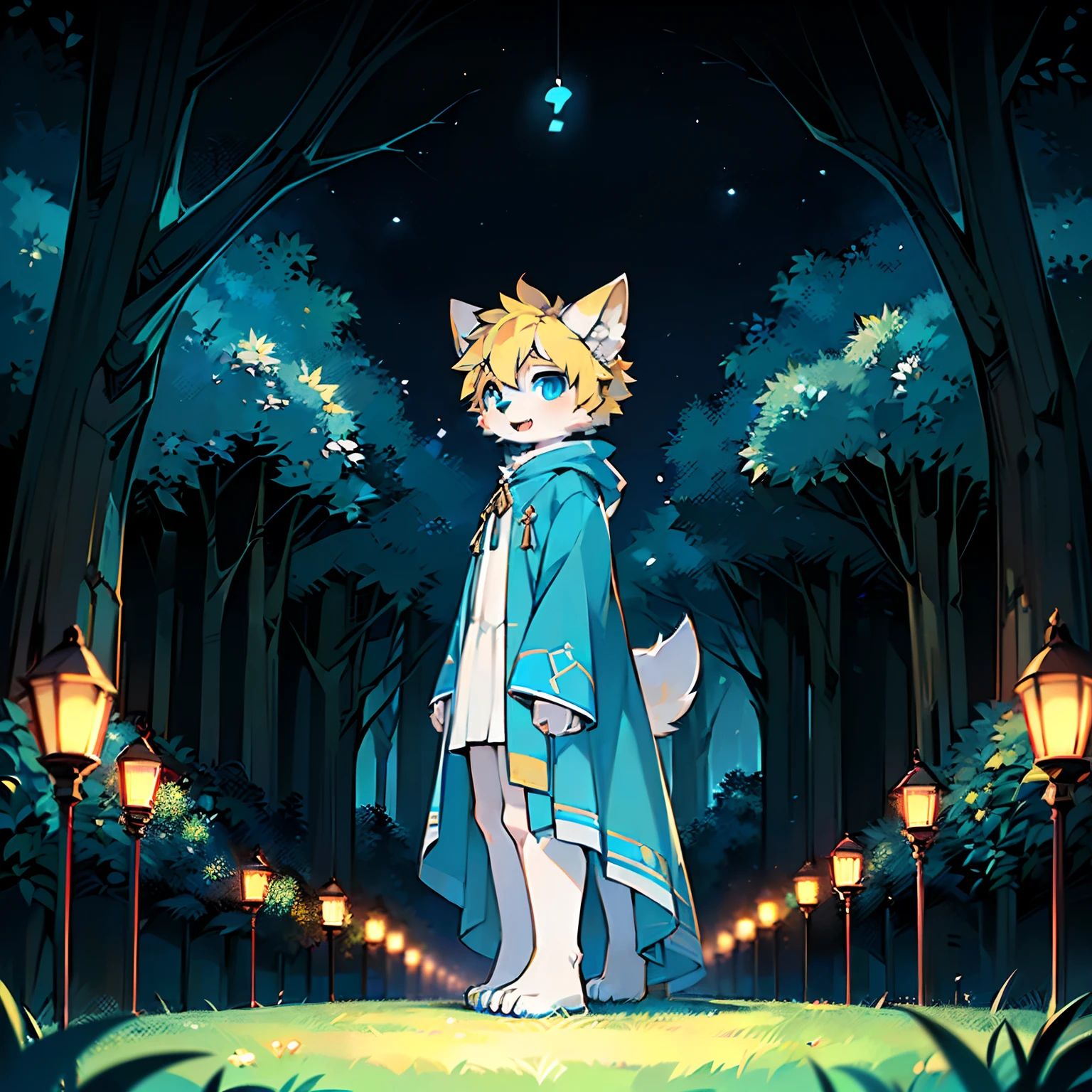 Anthropomorphic standing furry little wolf,adolable, Light:Extreme light and shadow,(anthr(Full Body Furry,Head bust close-up, Light yellow hair,Large pale yellow ears,Big blue eyes,The mouth is slightly larger,White fur,Reddish skin ,Sky blue eyes, Light yellow hair:1.2), (long canines、Thick blue cloak,White fur trims:1.2),(the night、lawns)) ,((Deep in the dark forest at night,glowworm,独奏,solo person)),((the detail)),(depth of fields),(Sell moe),(standing on your feet))