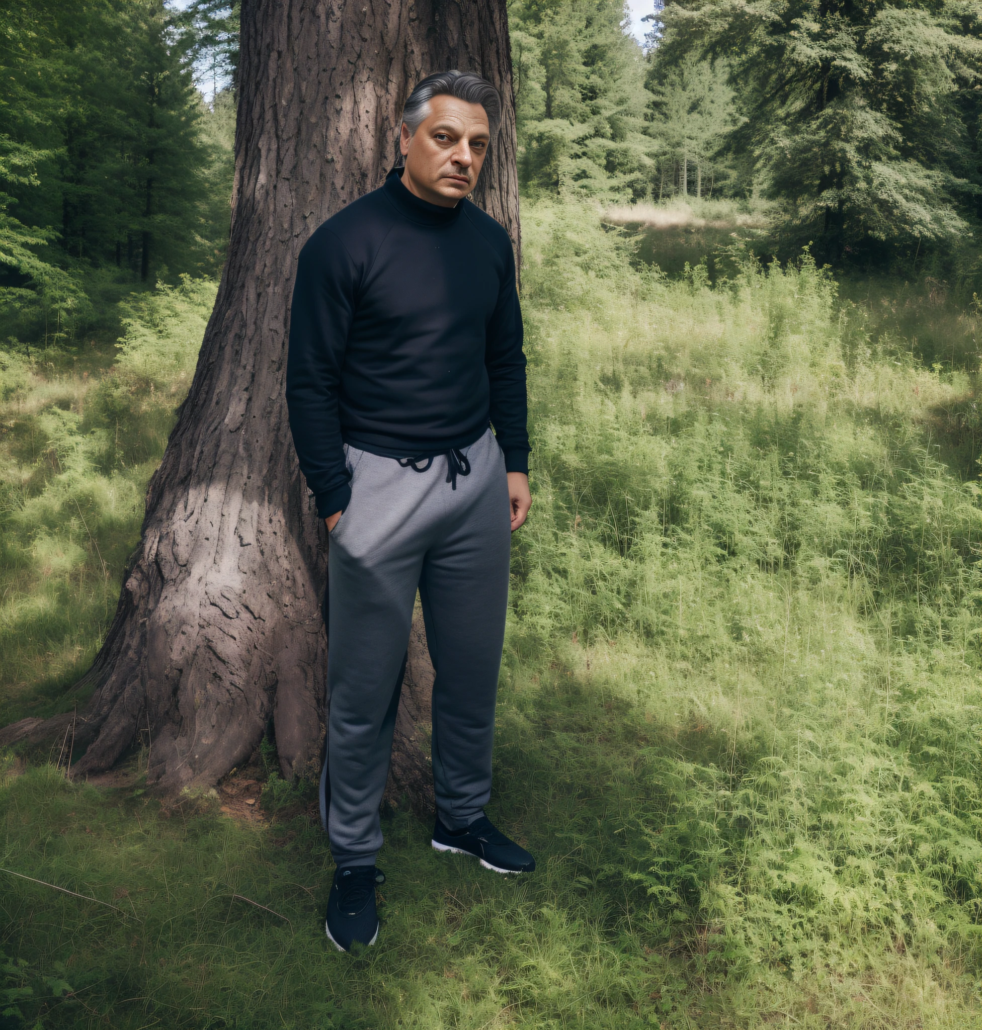 A man in sweatpants wearing black sneakers stands next to a tree in the grass, Viktor Orban in the forest, standing on a forest, standing in the forest, artem, standing in the forest, standing in the forest, environmental portrait, in front of a forest background, with a tree in the background, Anthony, adam varga, amidst nature