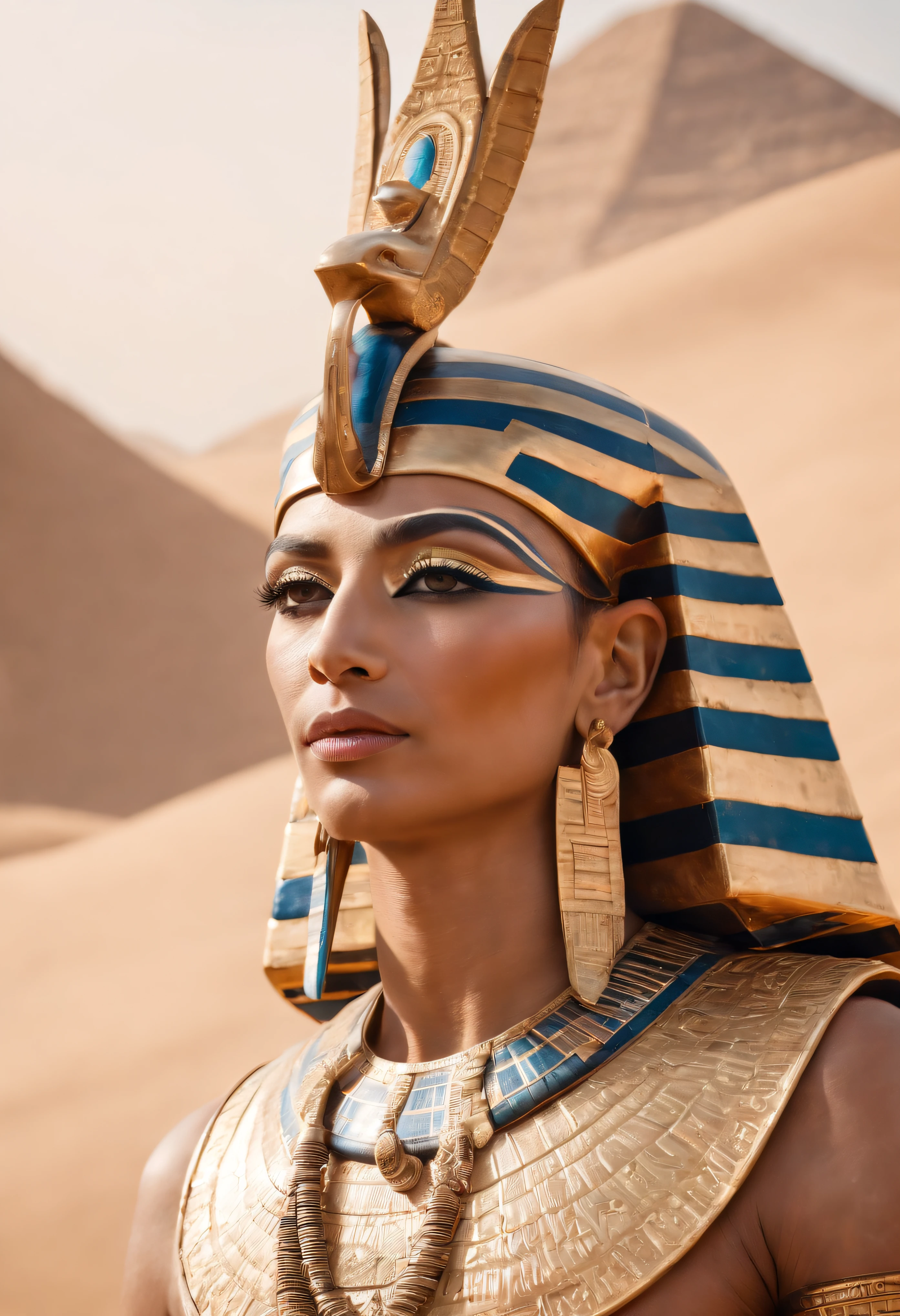 (ultra-detailed, highres, best quality:1.2), Pharaoh Ramses, ancient Egyptian crown, intricately detailed eyes with Egyptian makeup, ancient Egyptian background, River Nile, Papyrus plant, royal golden jewelry, hieroglyphics, sun disk, sand dunes, majestic temple, vibrant colors, warm lighting