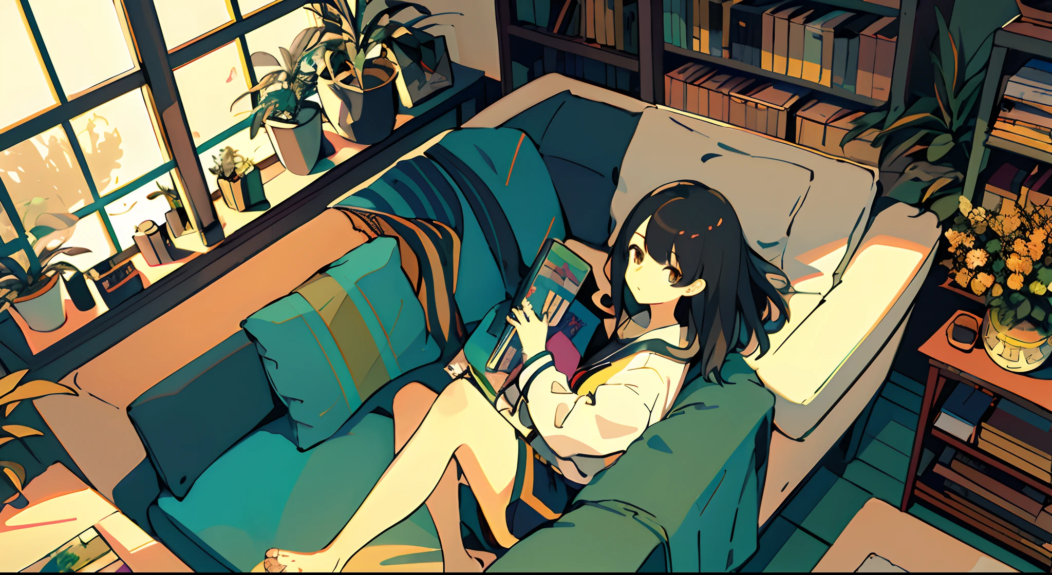 One girl, from above, plant, black hair, cat, lying down, indoors, holding, long sleeve, long hair, stuffed animal, potted plant, book, food, window, telephone, loaded interior, television, short hair, on the back, plush toy, bangs, slippers, barefoot, sitting, bookcase, shelf, cable, computer